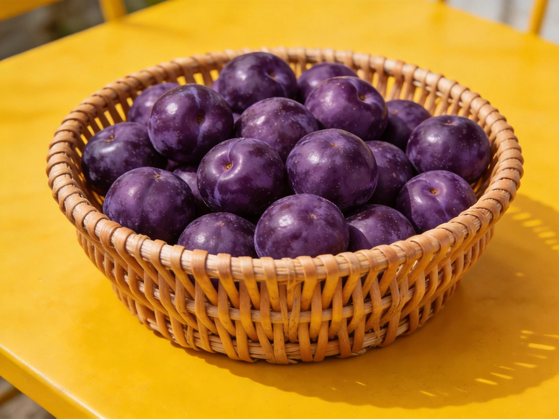 A woven basket holds numerous deep purple plums on a bright yellow table