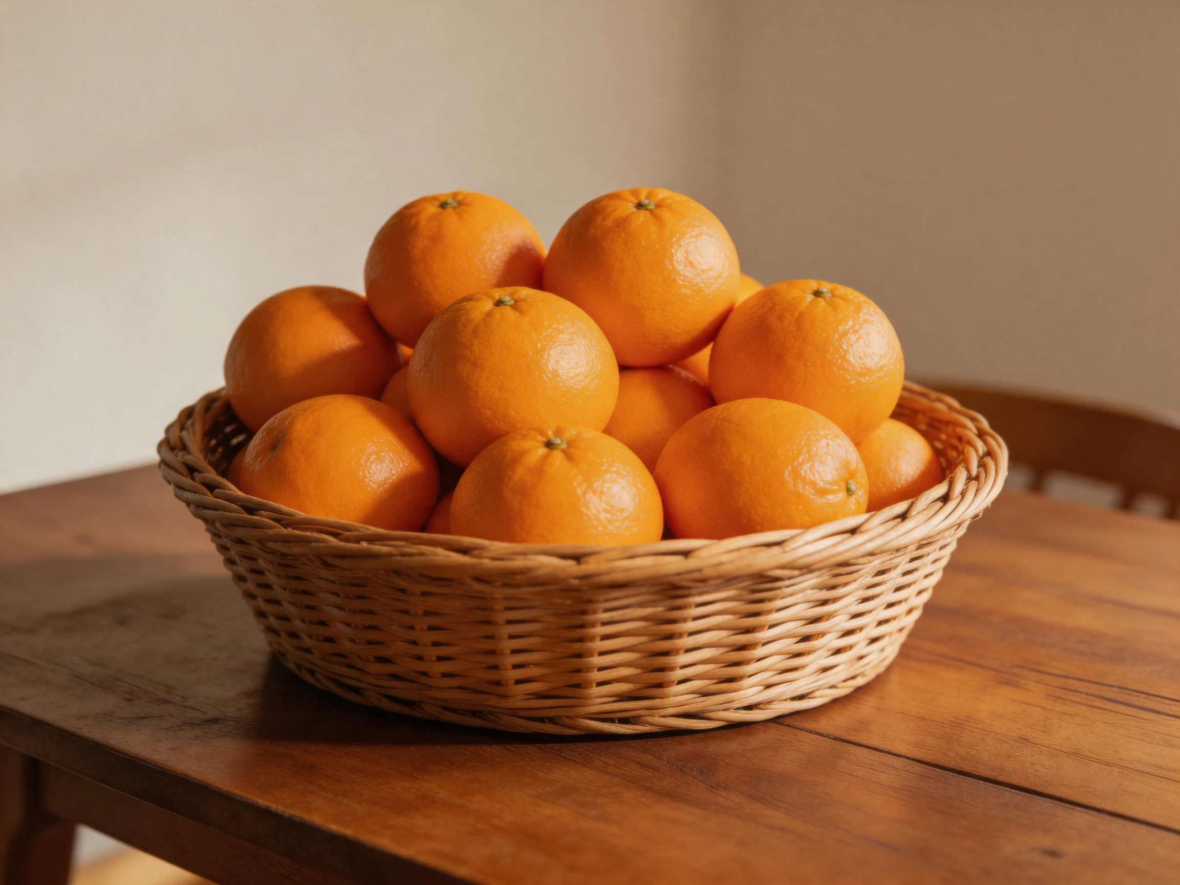 A woven basket holds numerous vibrant orange citrus fruits atop a wooden table