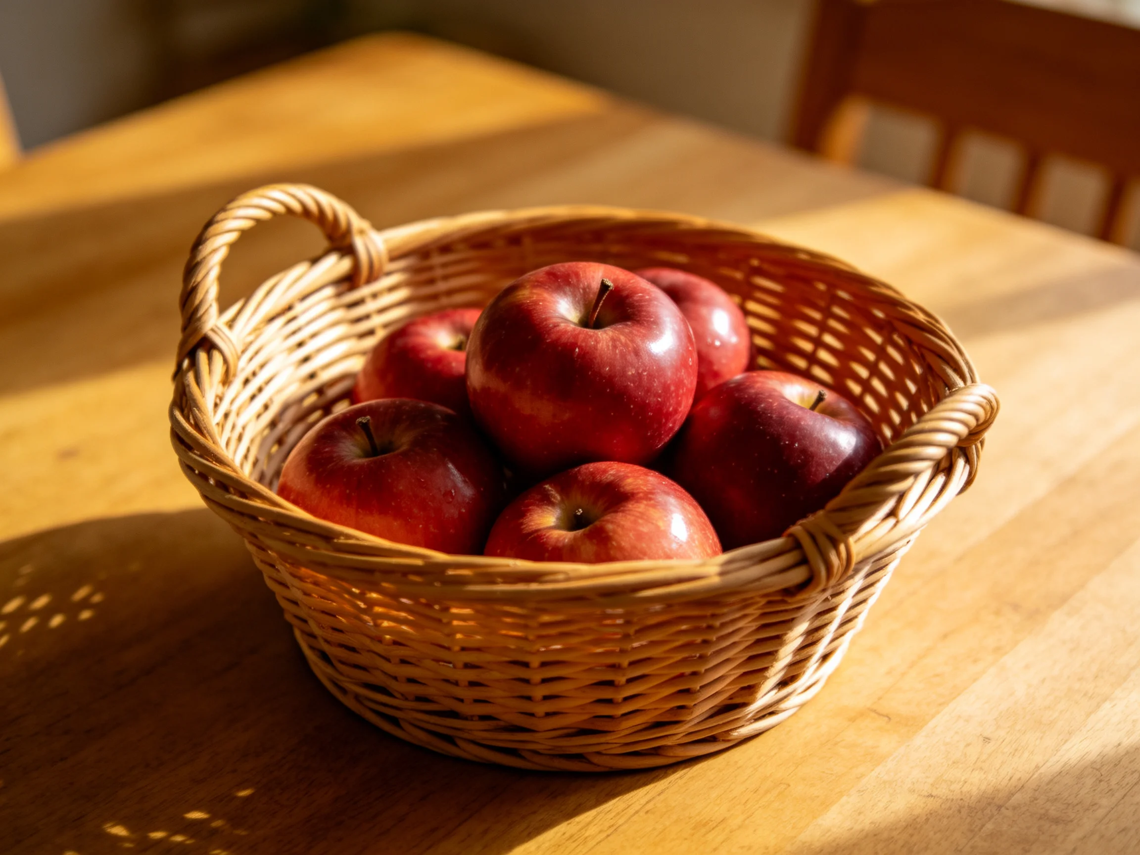A woven basket holds six glossy red apples on a wooden table