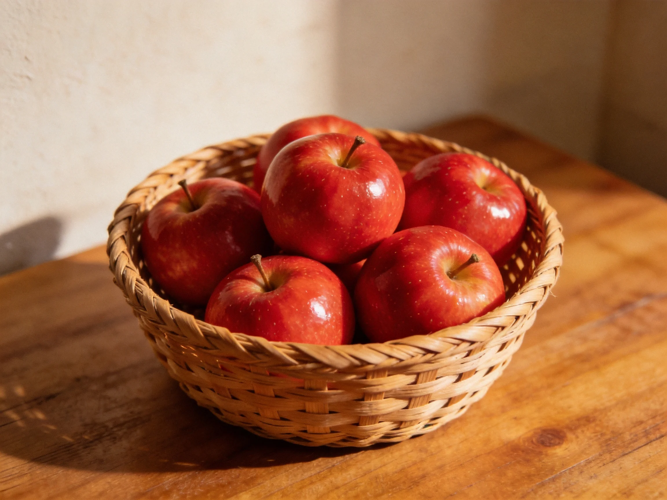 A woven basket holds six vibrant red apples on a wooden table