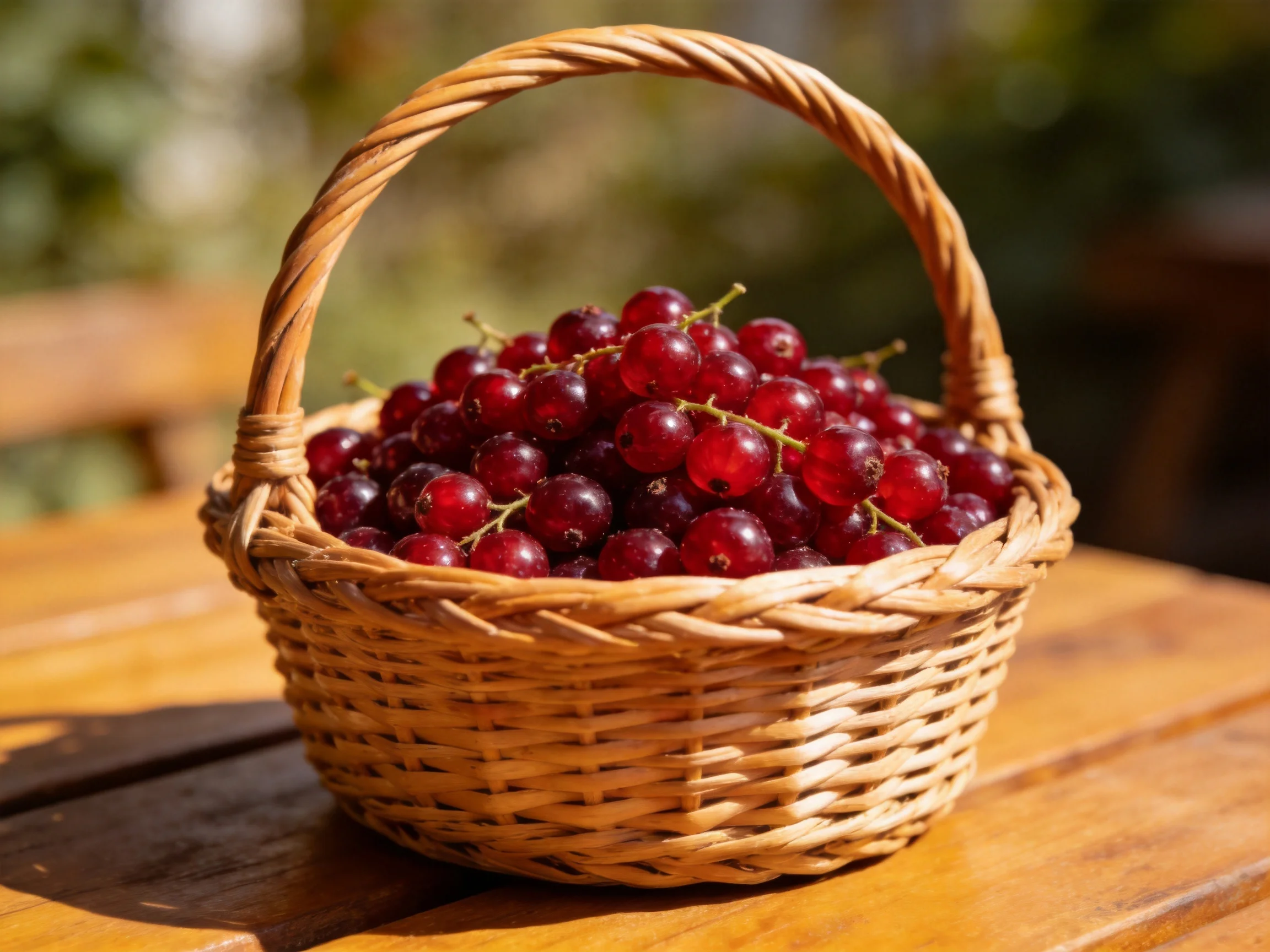 A woven basket overflowed with glossy red berries on a wooden
