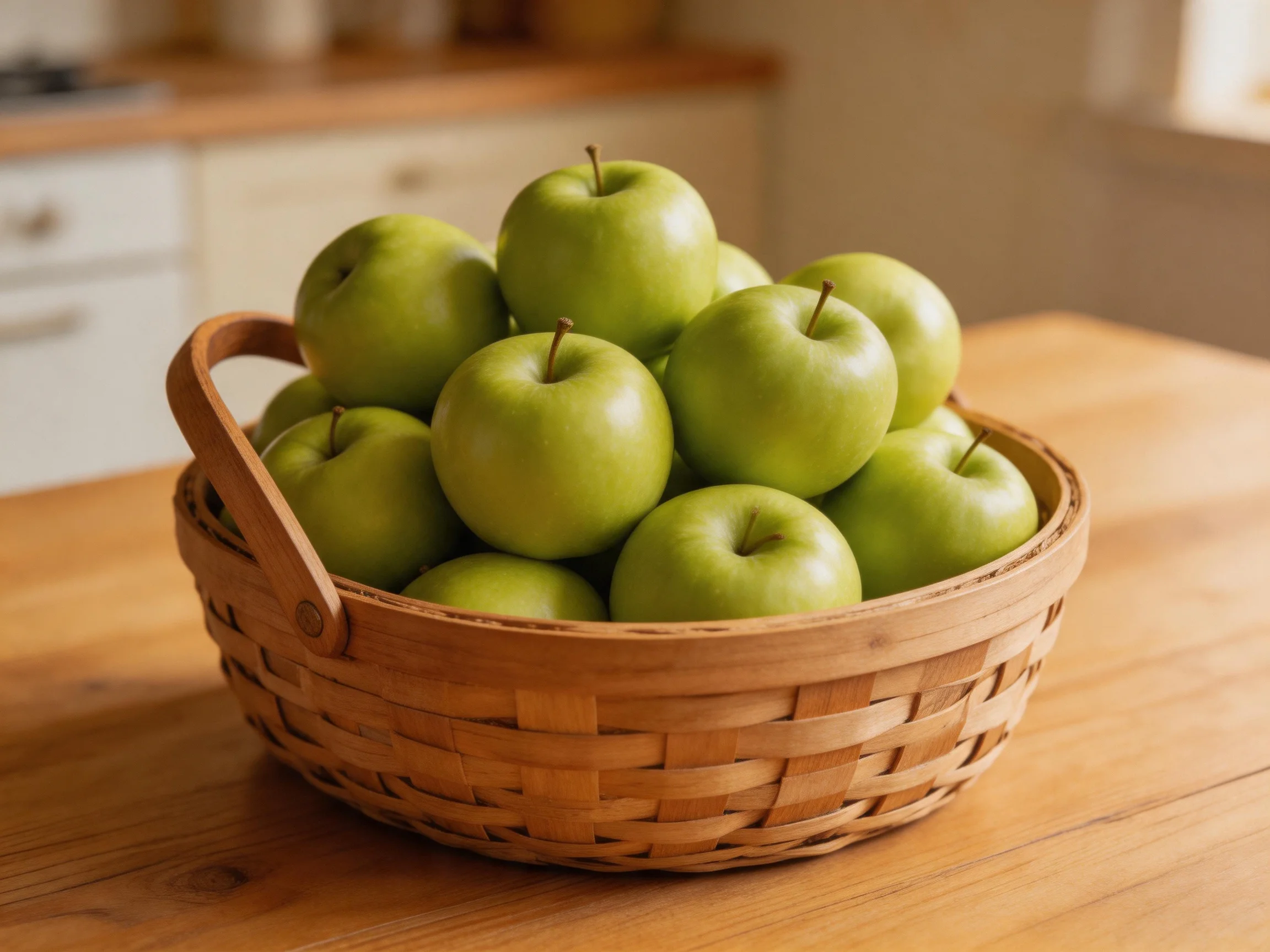 A woven basket overflowing with bright green apples on a wooden table