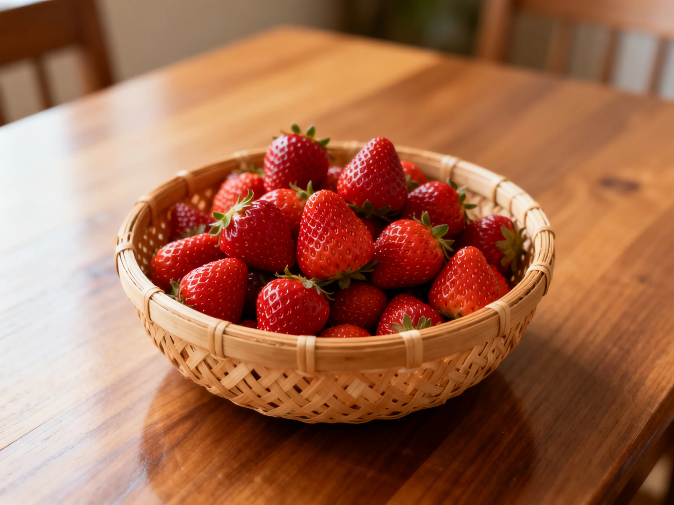 A woven basket overflowing with bright red strawberries on a polished wooden table