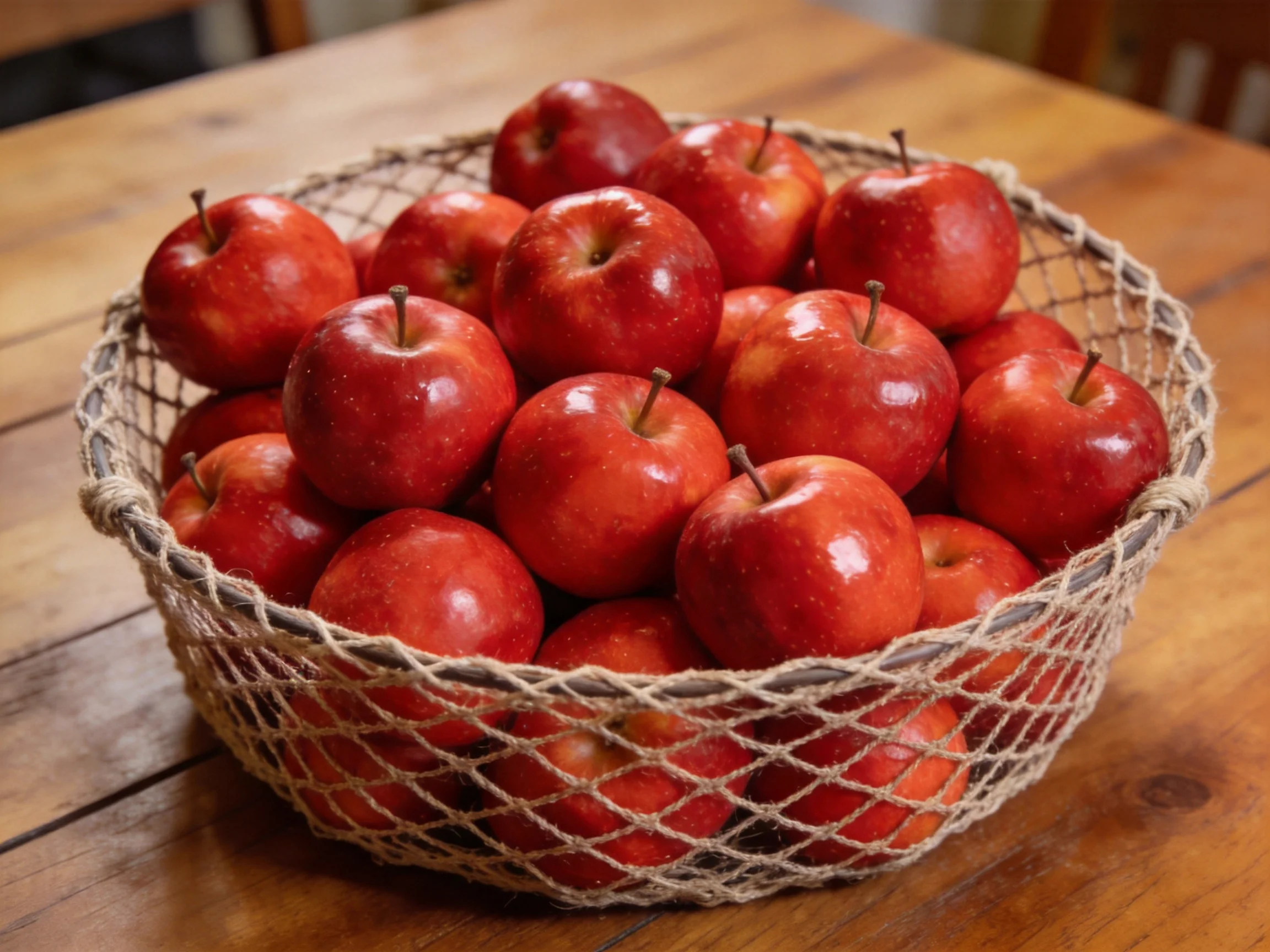 A woven basket overflowing with glossy red apples on a wooden table