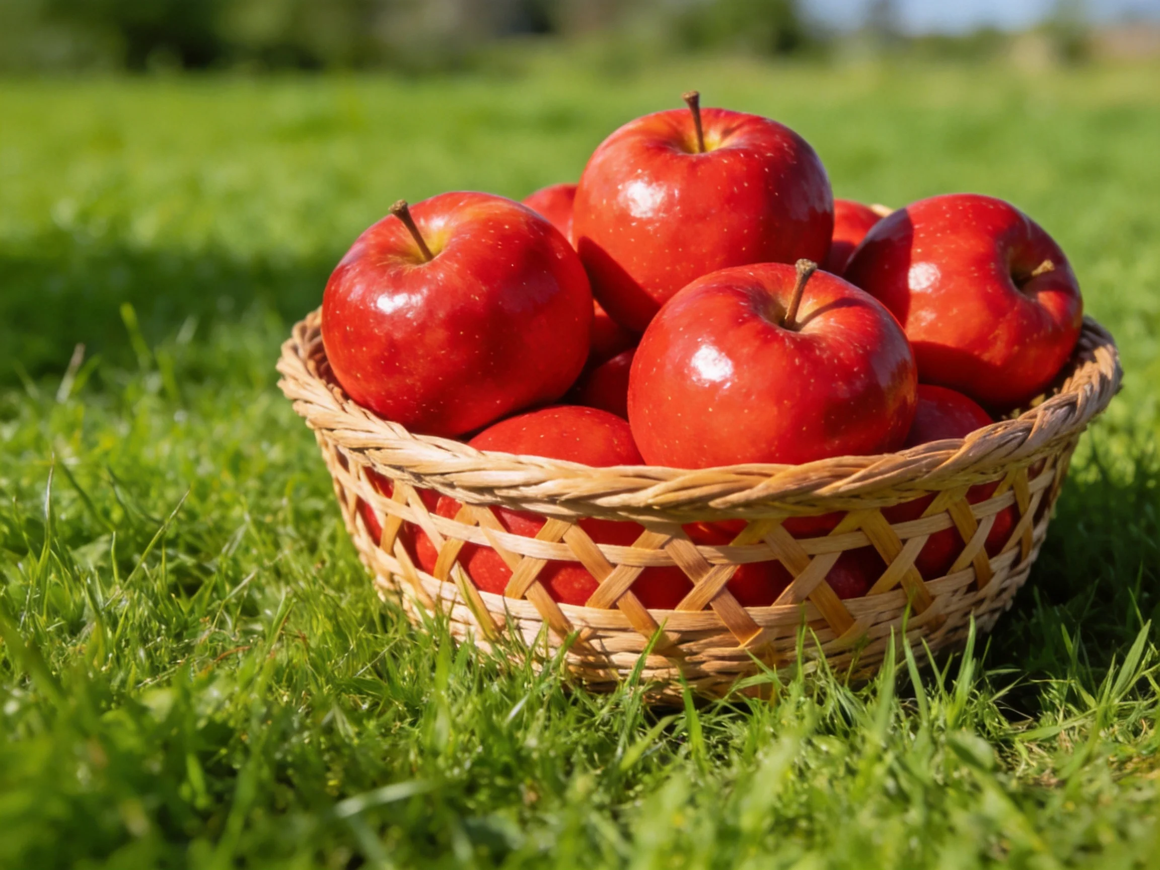 A woven basket overflows with bright red apples on green grass