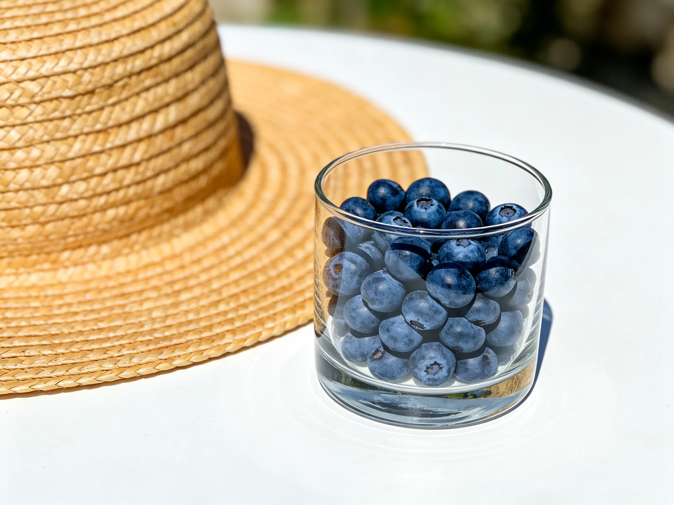 A woven straw hat sits beside a glass full of plump blueberries on a white table