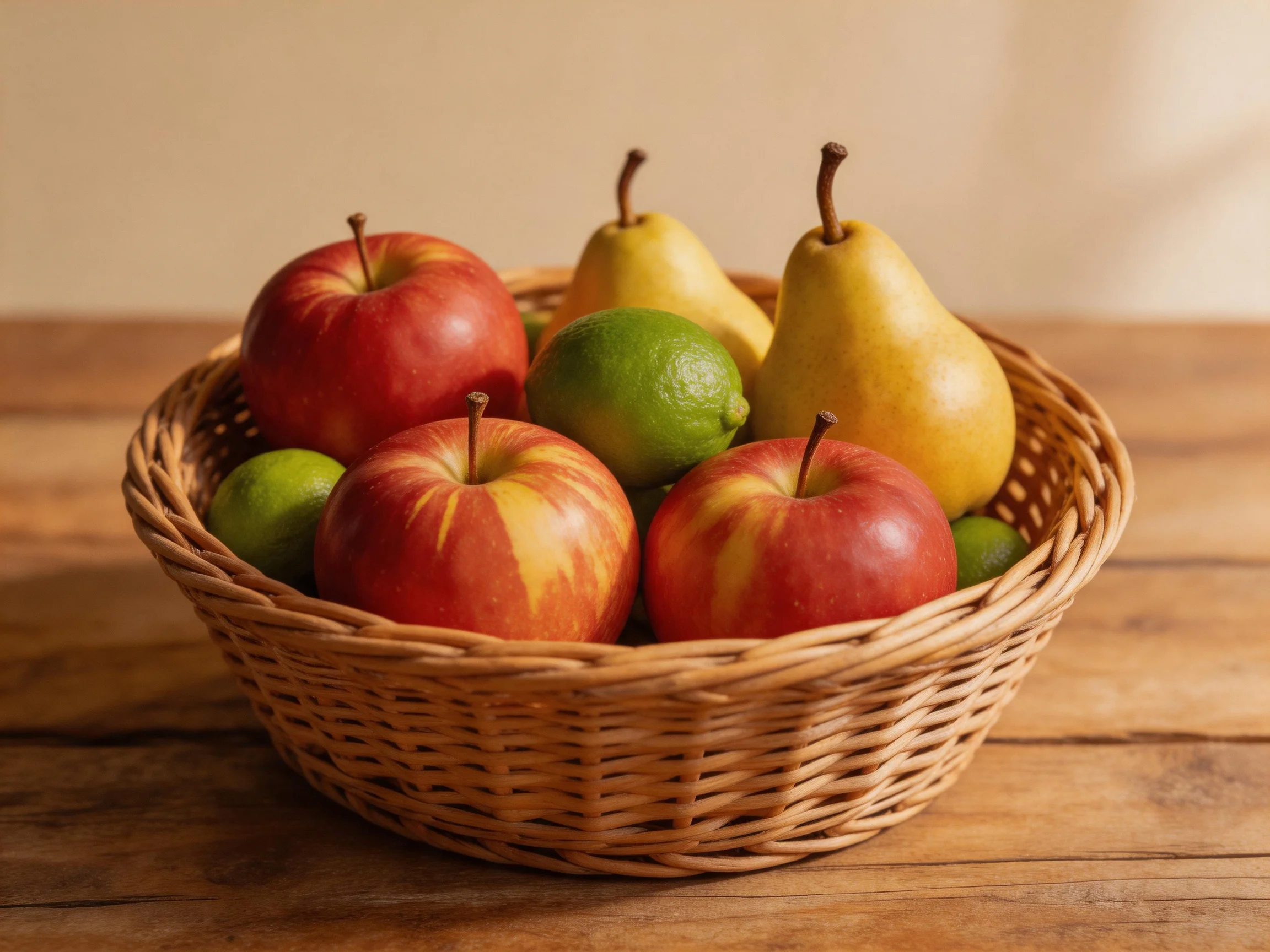 A woven wicker basket contains three red apples, two yellow pears, and two green limes