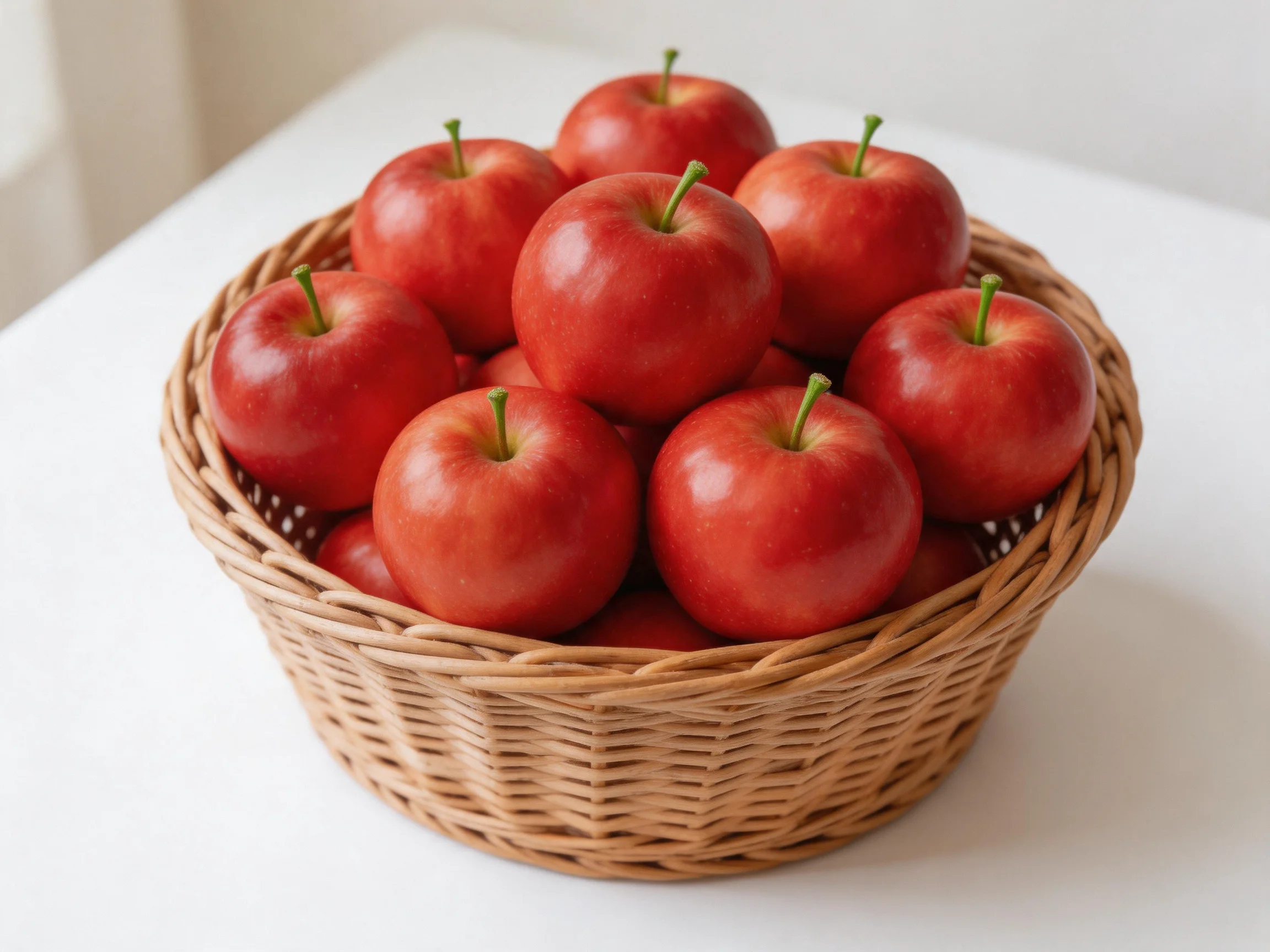 A woven wicker basket filled with numerous glossy red apples
