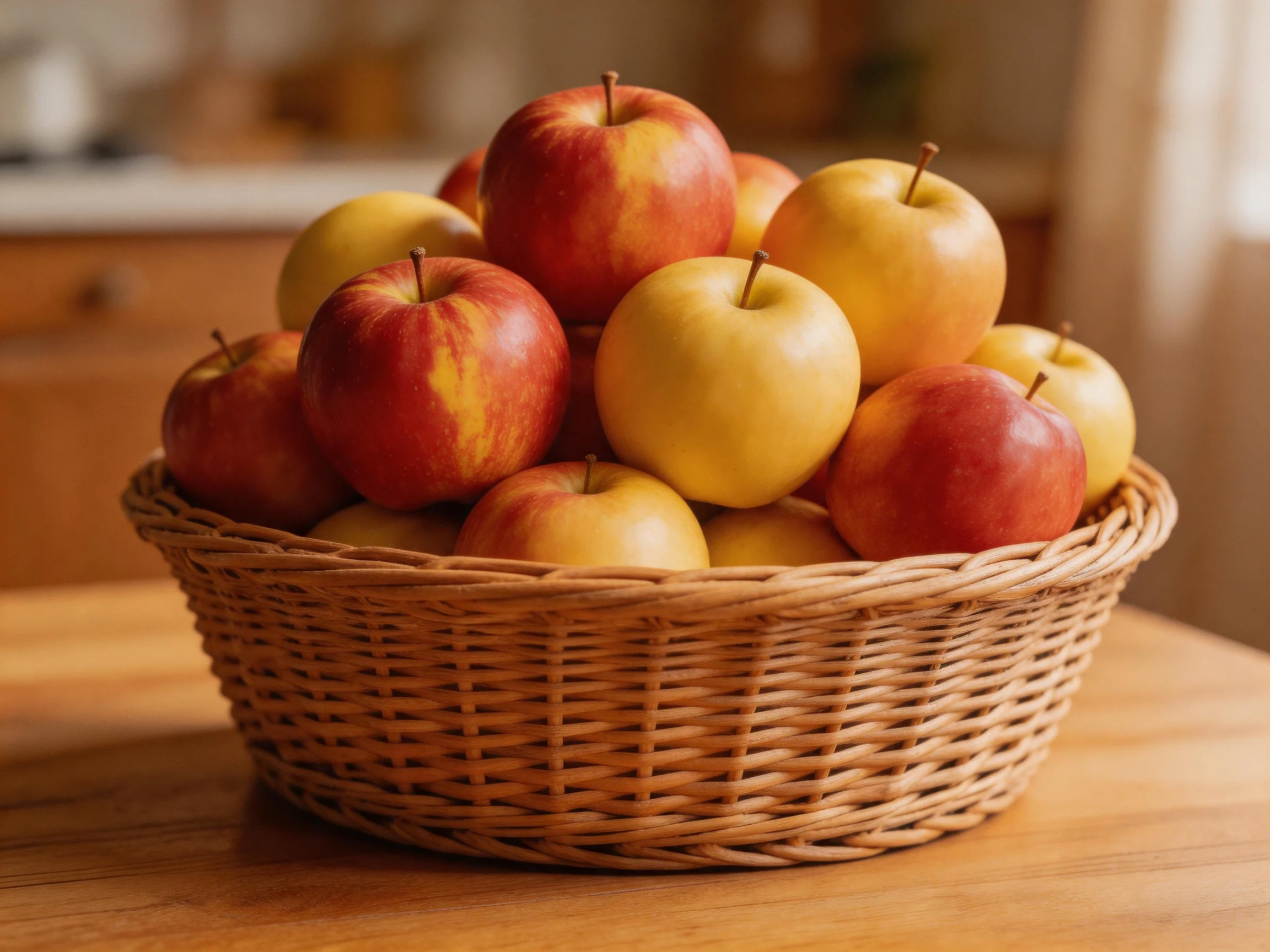 A woven wicker basket filled with red and golden apples on a wooden table