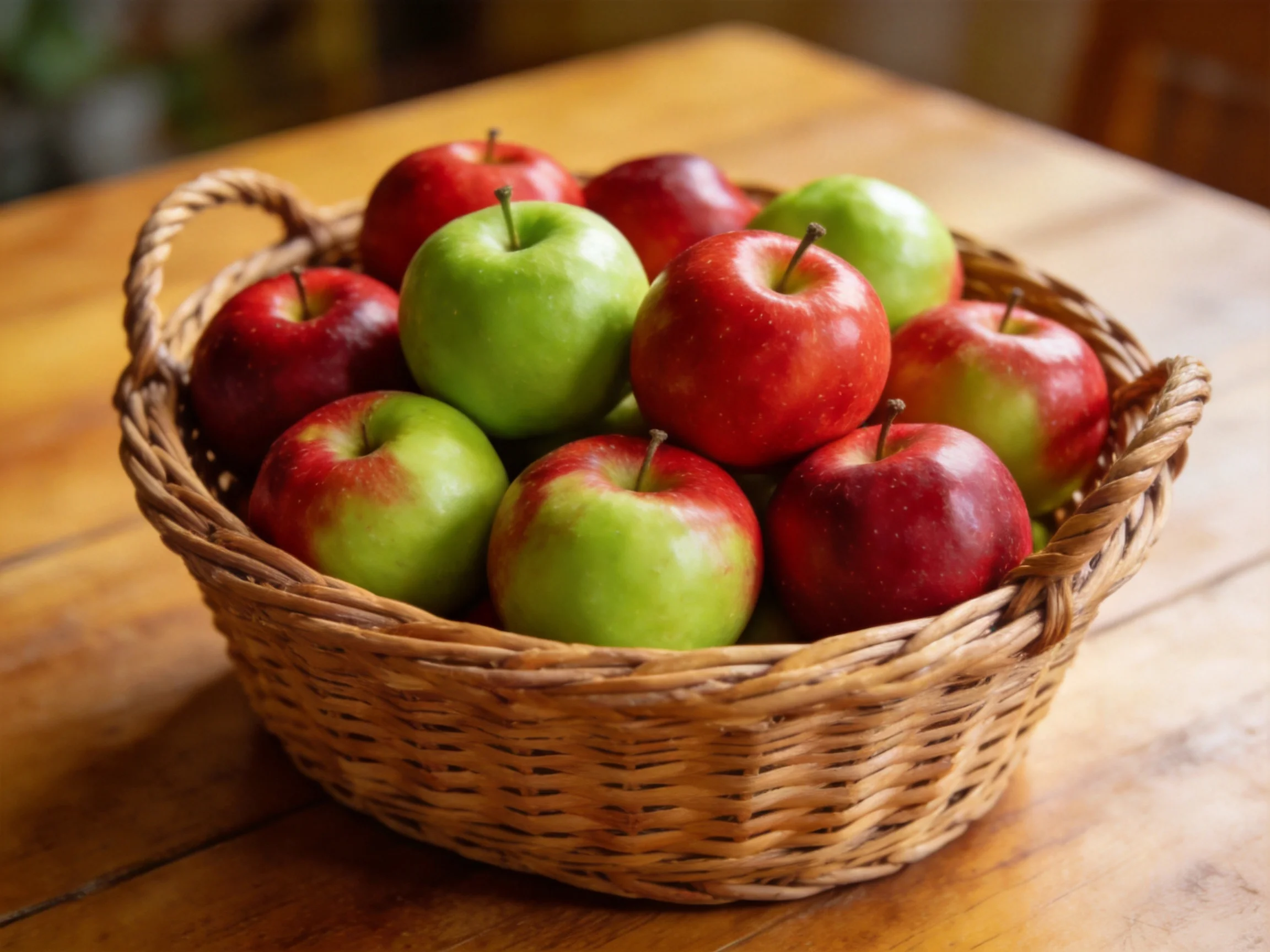 A woven wicker basket holds a colorful assortment of red and green apples on a wooden table