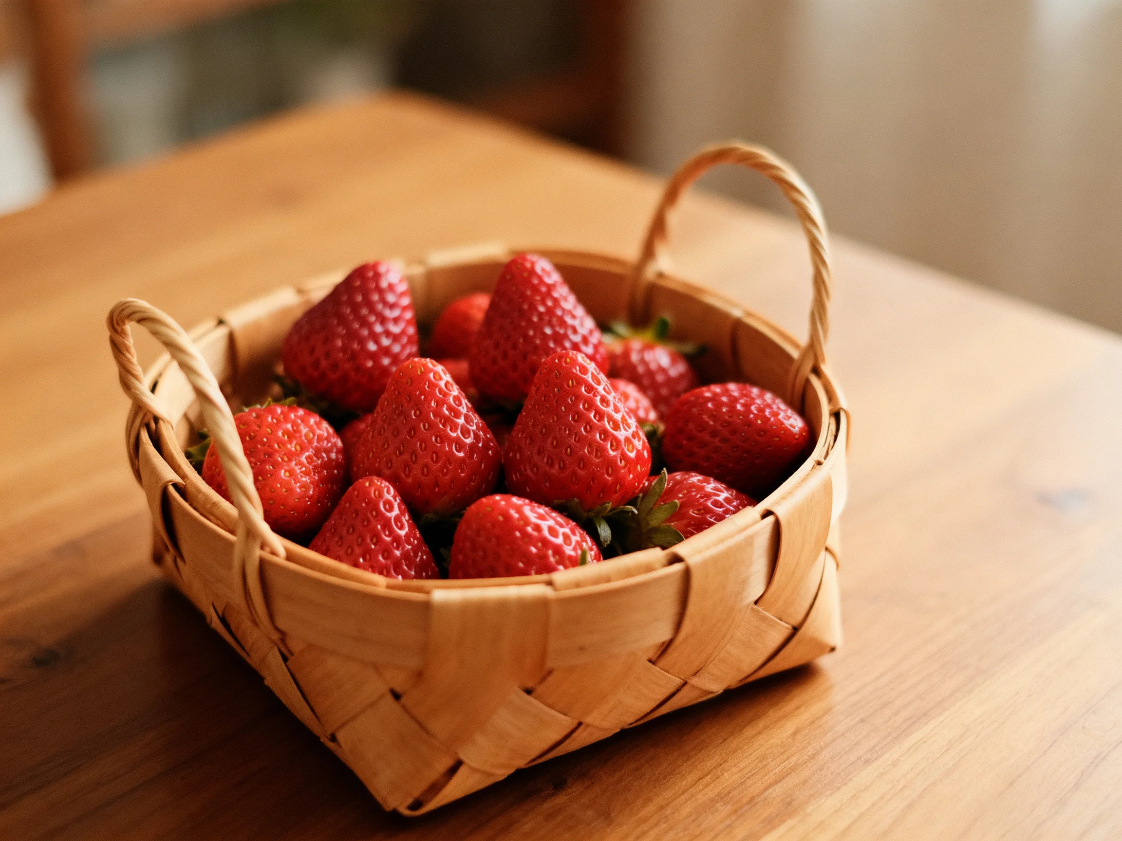 A woven wooden basket brimming with vibrant red strawberries