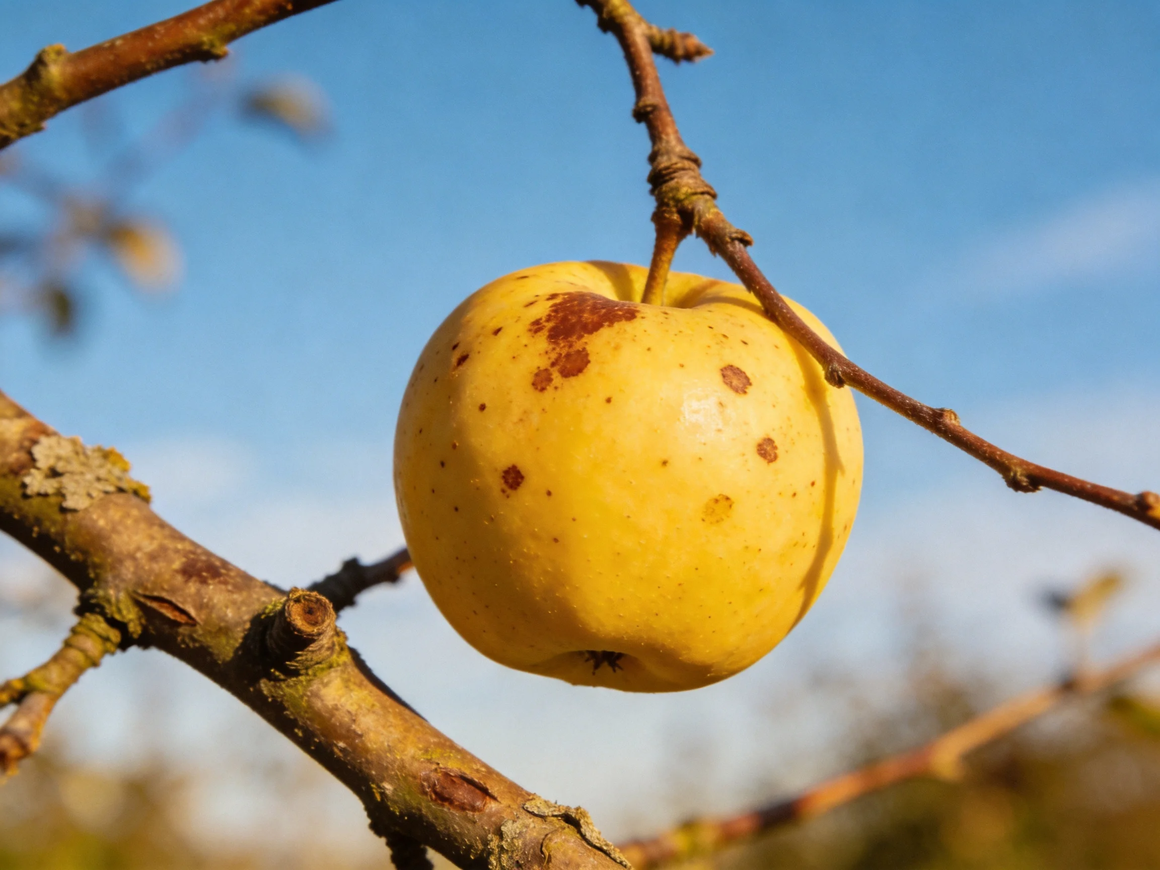 A yellow apple with brown spots hangs from a tree branch under a clear blue sky
