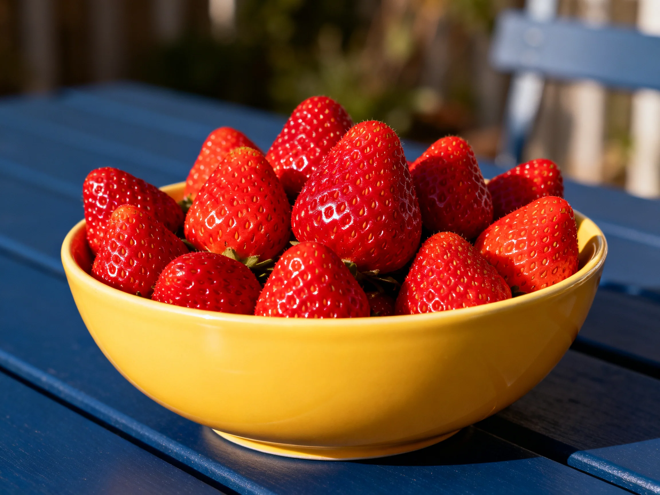 A yellow bowl brimming with ripe red strawberries on a blue table