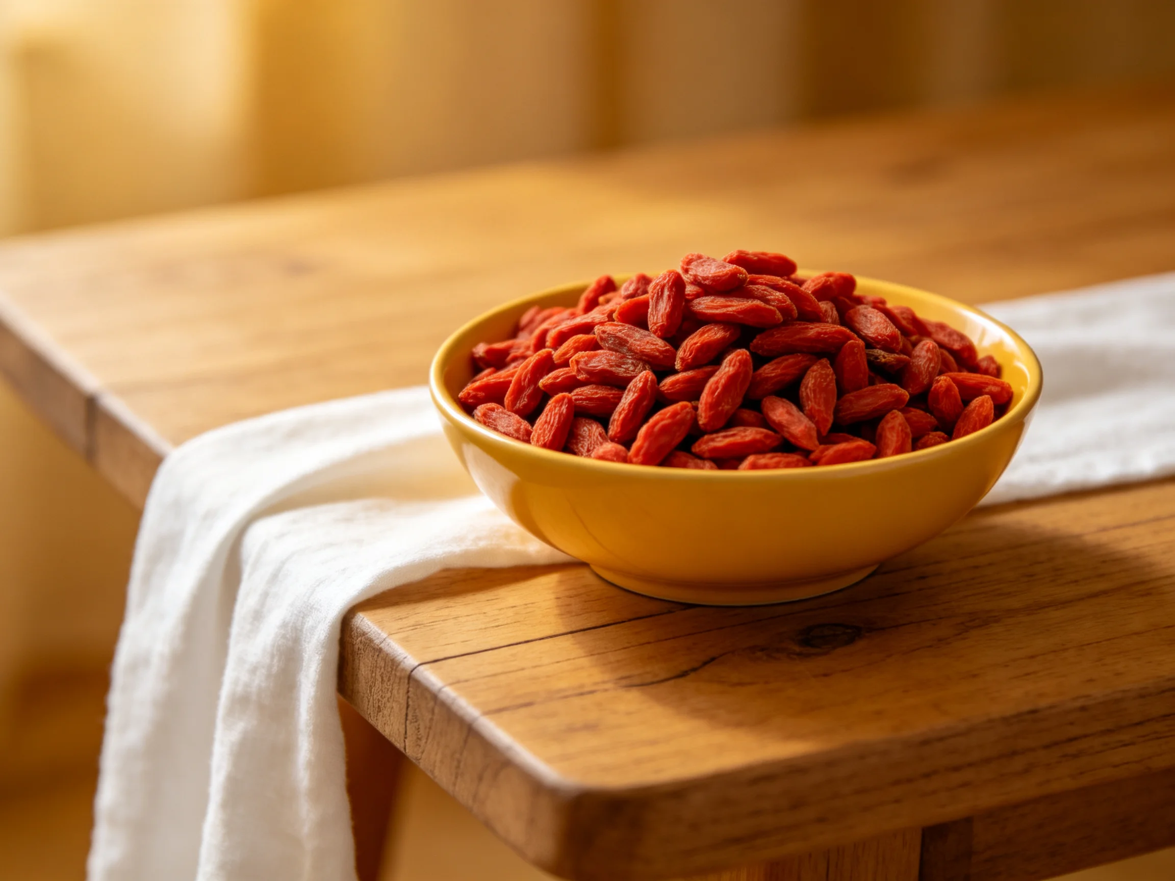 A yellow bowl overflowing with bright red goji berries on a wooden table