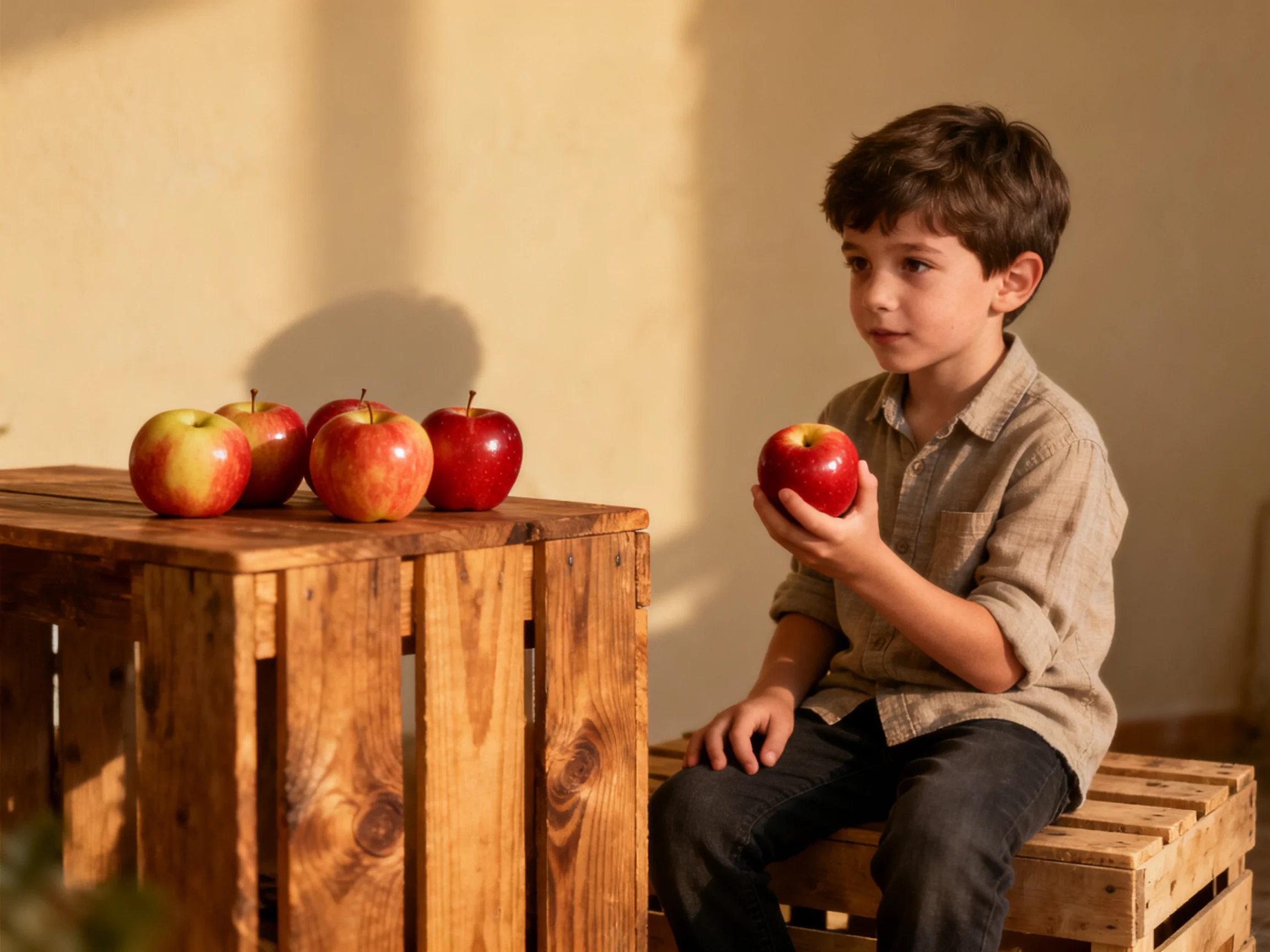 A young boy holds a red apple near five colorful apples on wooden crates