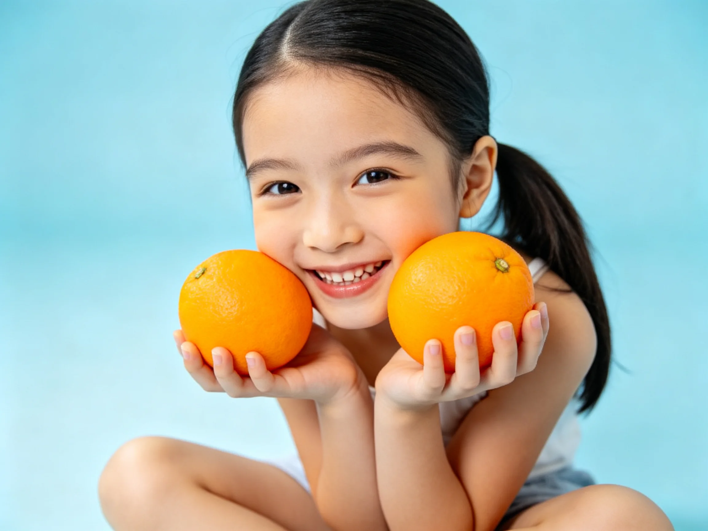 A young girl holding two vibrant oranges against a light blue background