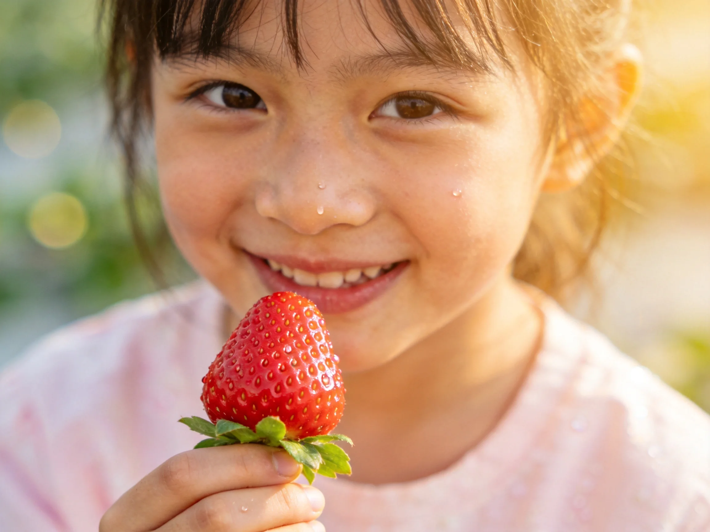 A young girl holds a bright red strawberry outdoors