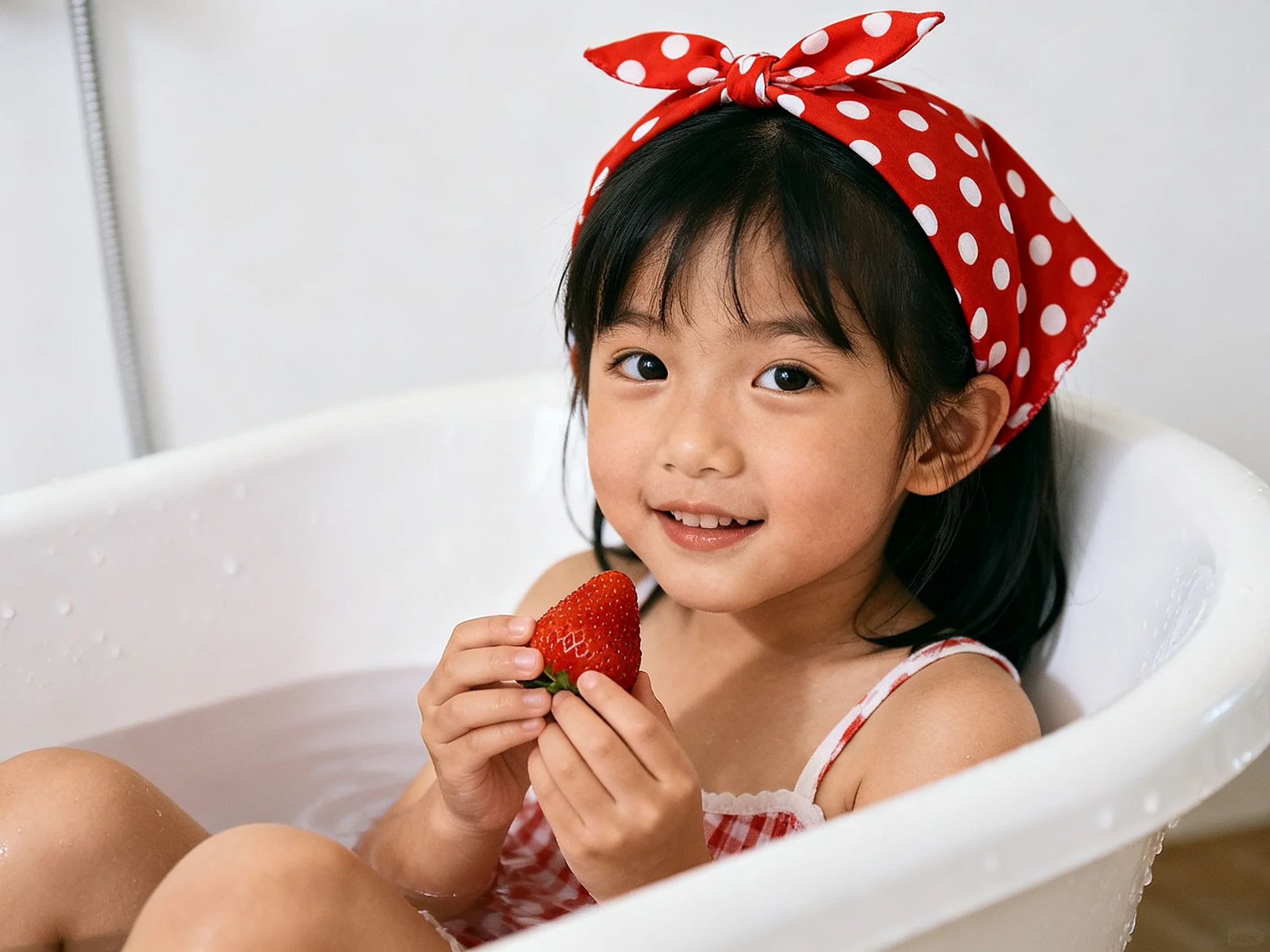 A young girl in a whitetub holds a red strawberry with a red polka-dot headband