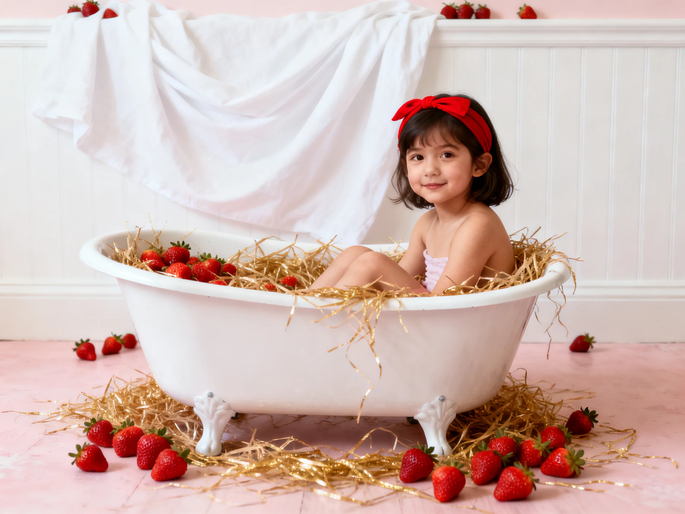 A young girl sits in a white bathtub filled with strawberries and straw