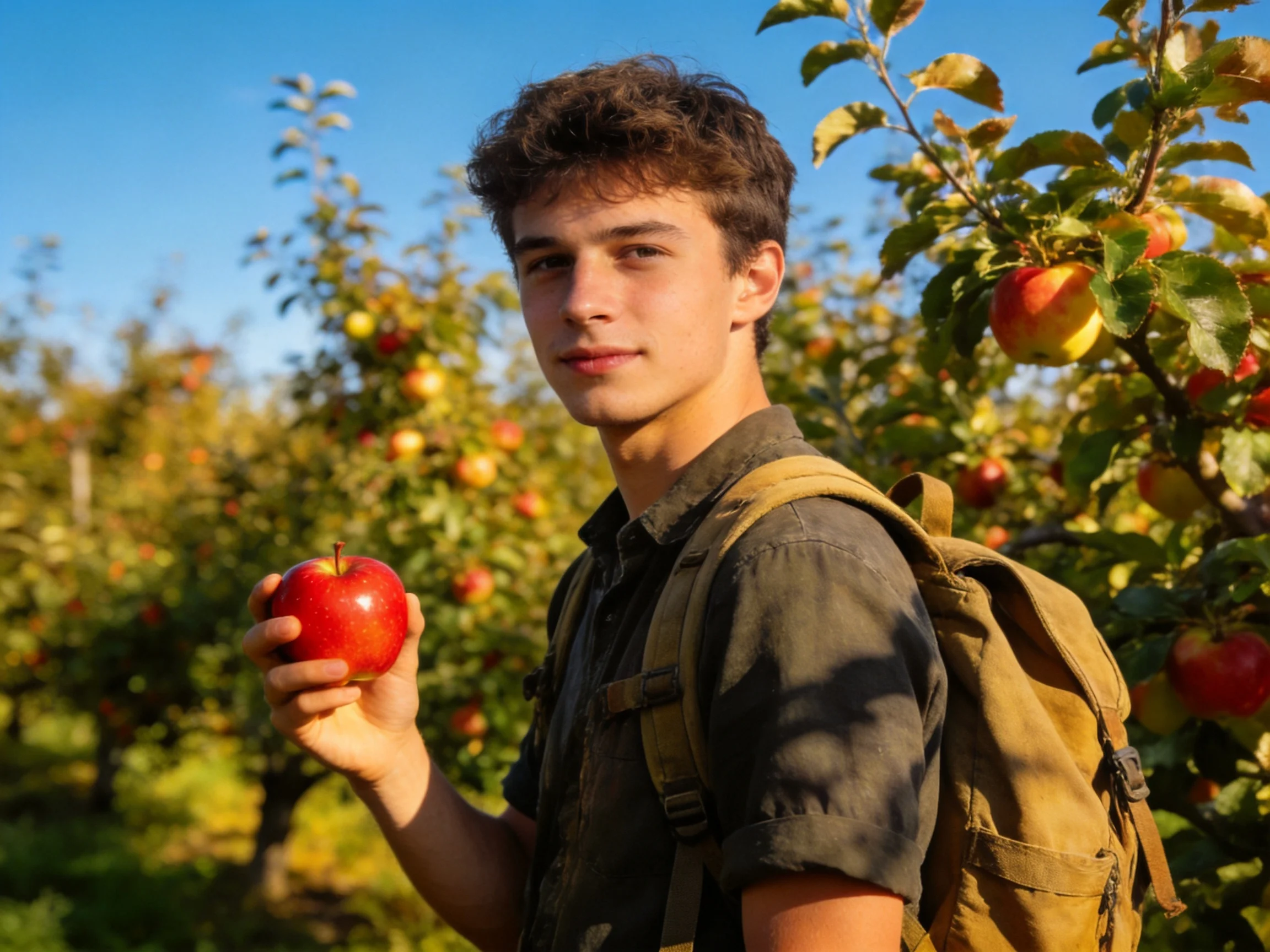 A young man holds a bright red apple in a sunlit orchard