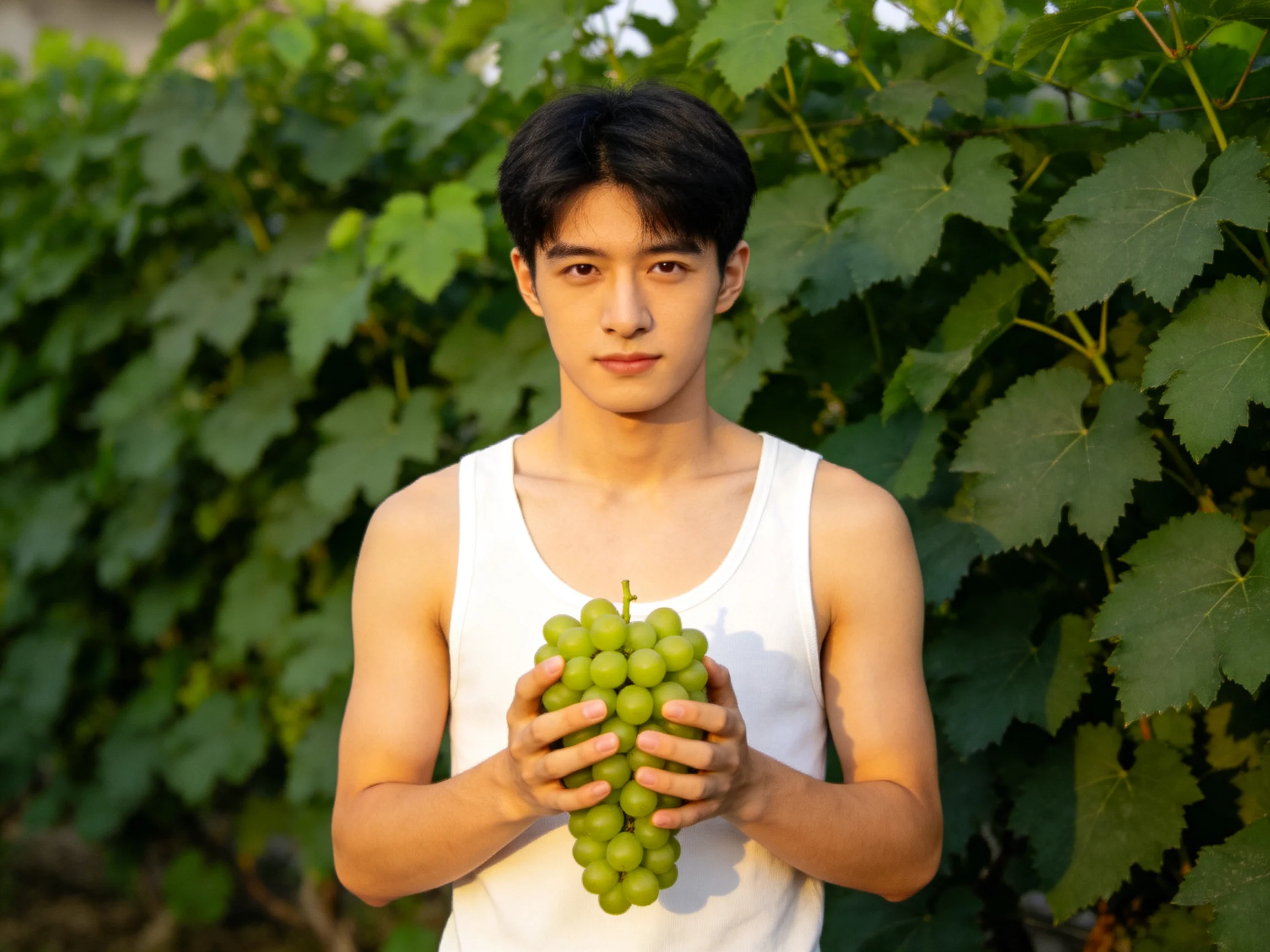 A young man holds a bunch of green grapes near lush grapevines