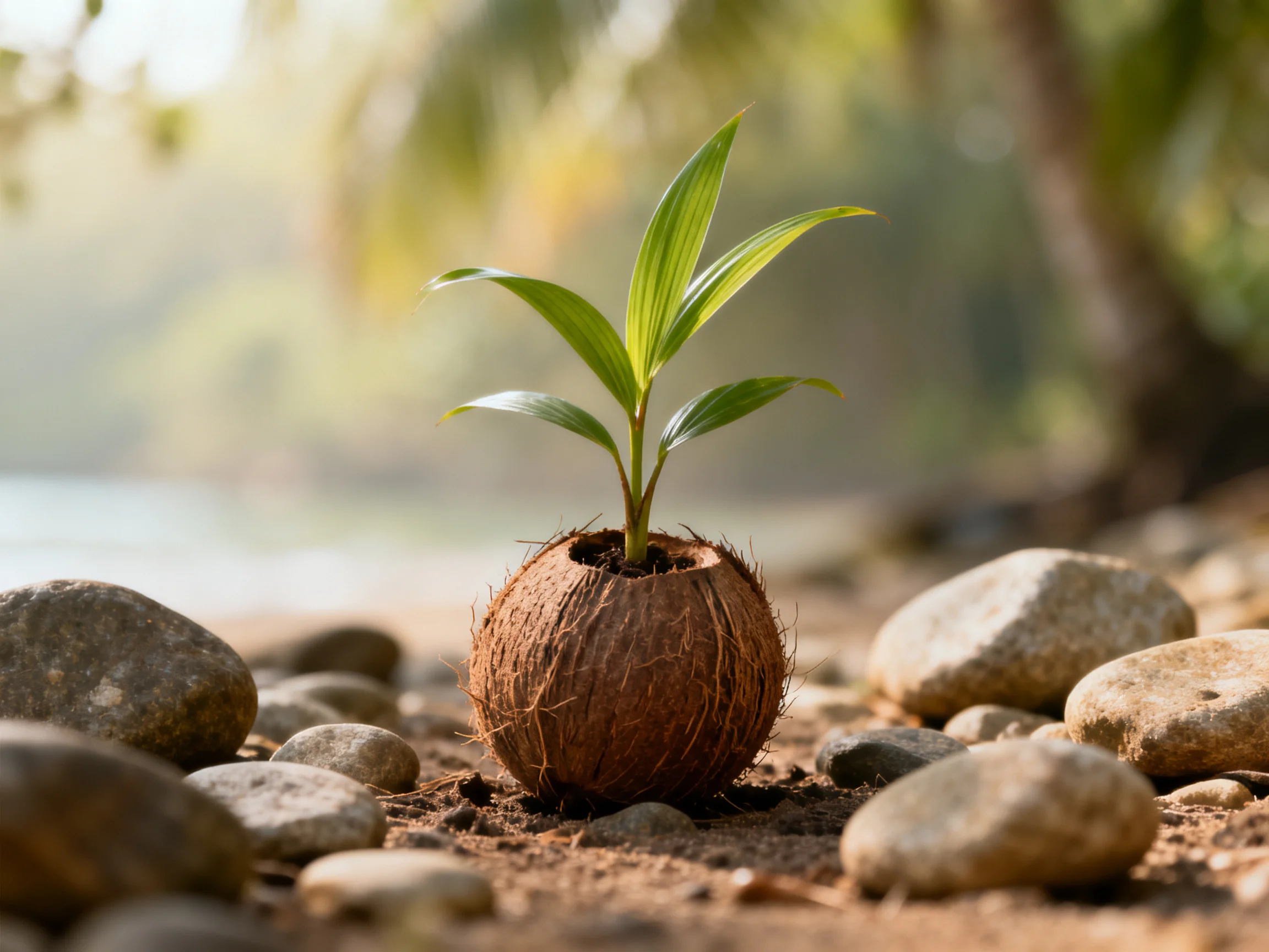 A young plant grows from a coconut shell among smooth stones