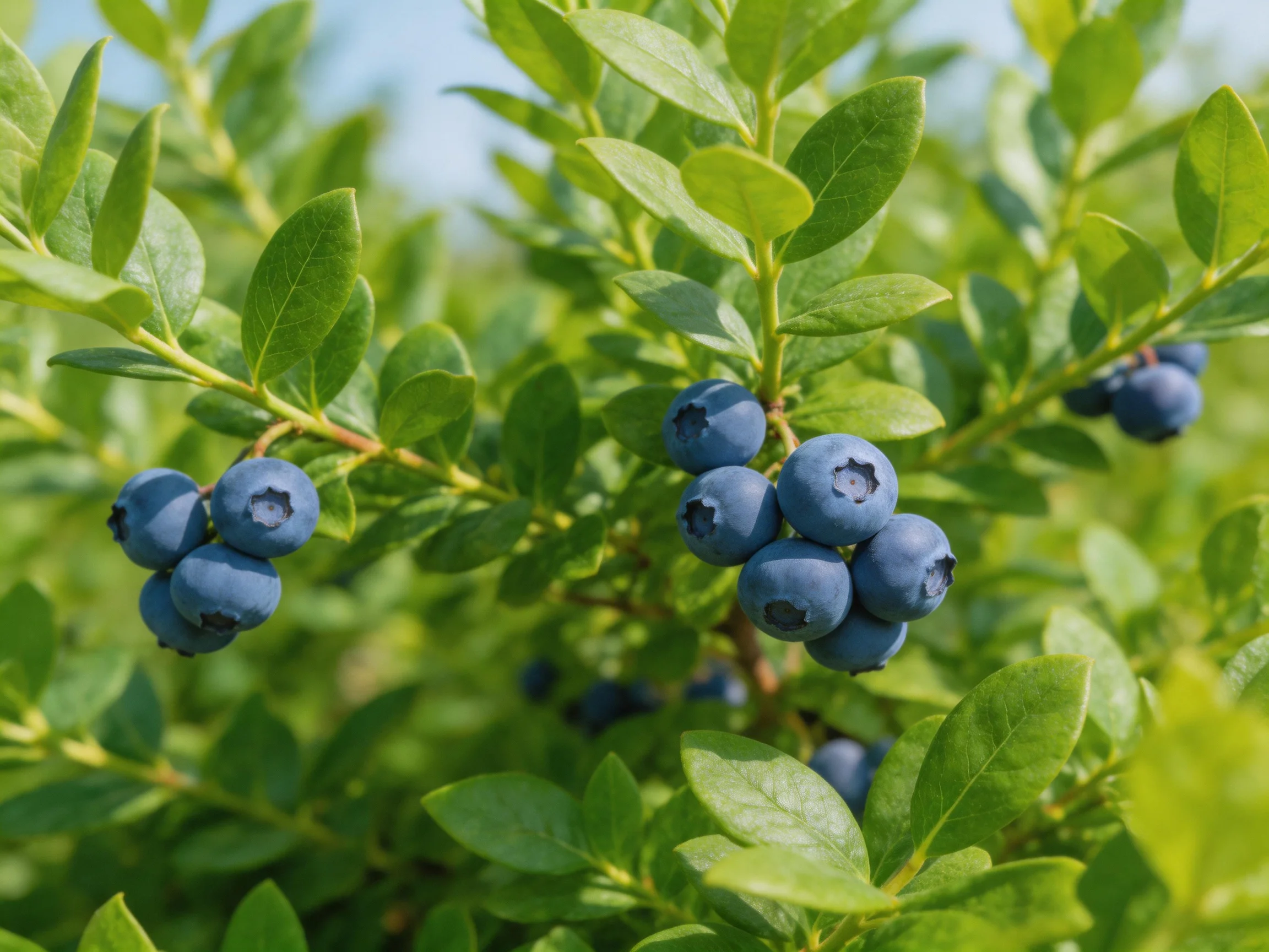 Abundant blueberry clusters thrive among lush green foliage