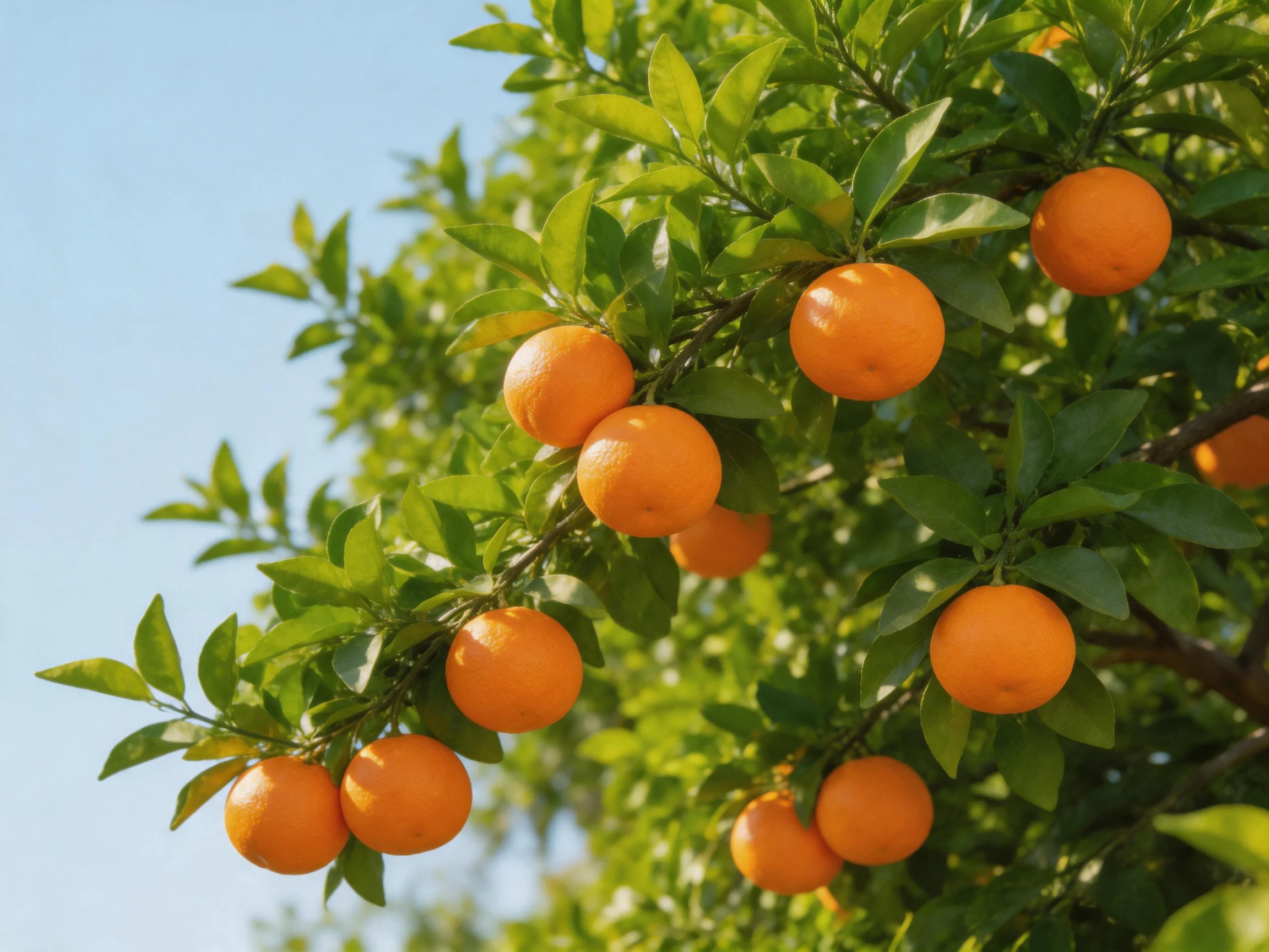 Abundant bright orange citrus fruits grow among lush green foliage