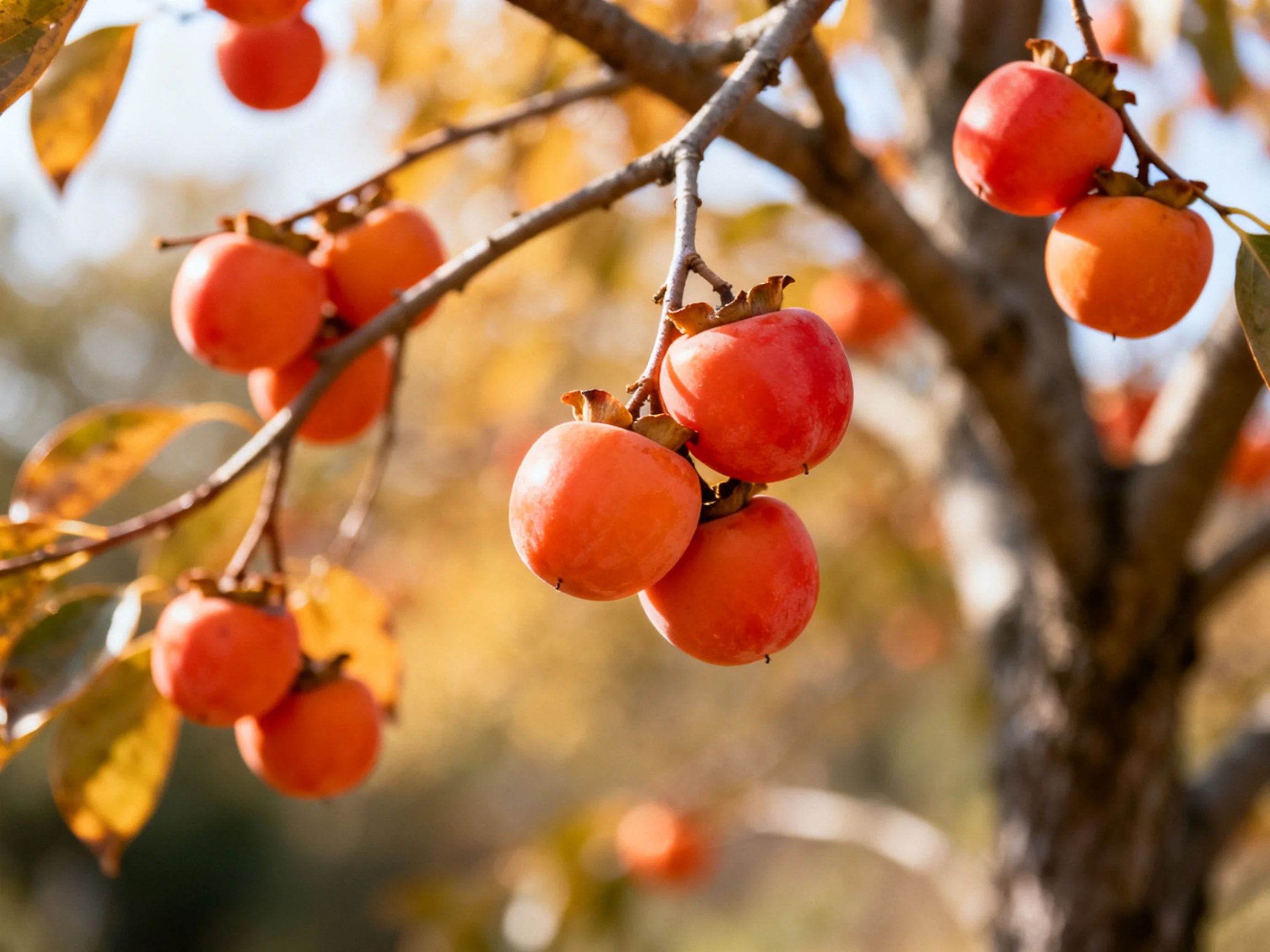 Abundant bright orange persimmons cluster on a mature tree with golden leaves