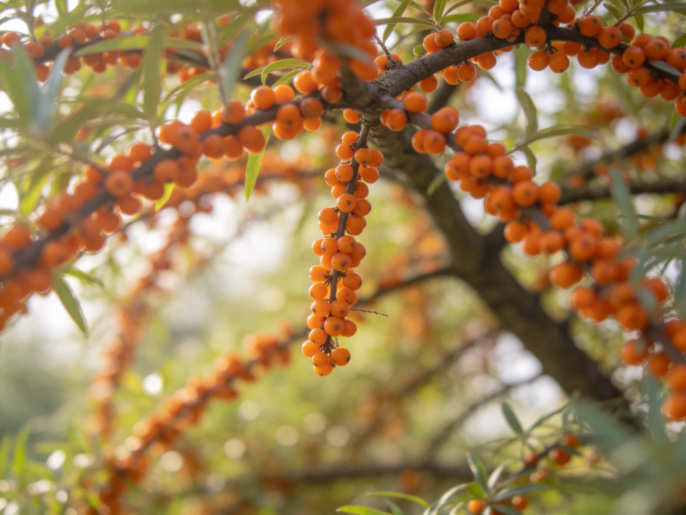 Abundant bright orange sea buckthorn berries cluster on dark branches