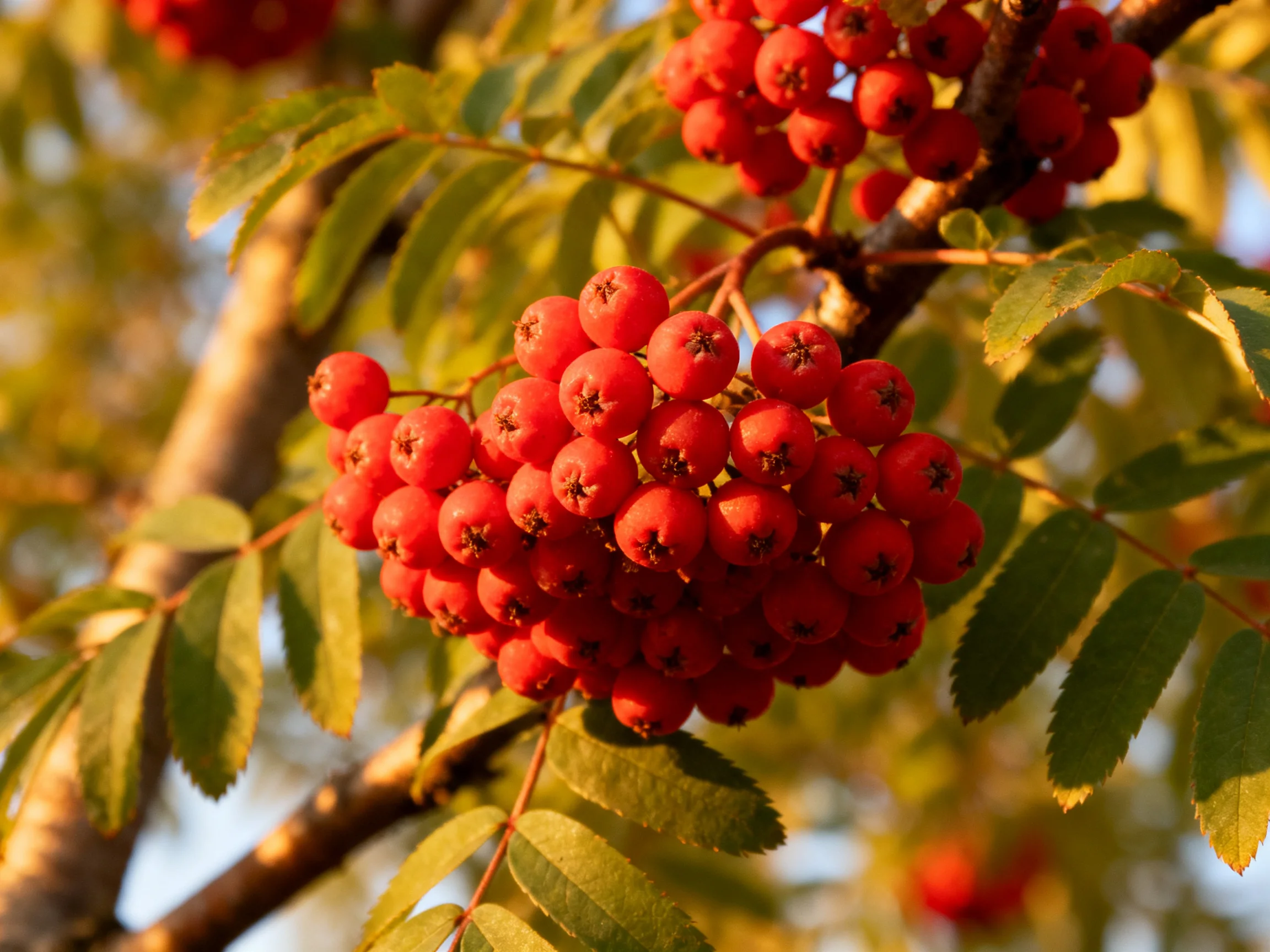Abundant bright red berries cluster on tree branches with green foliage