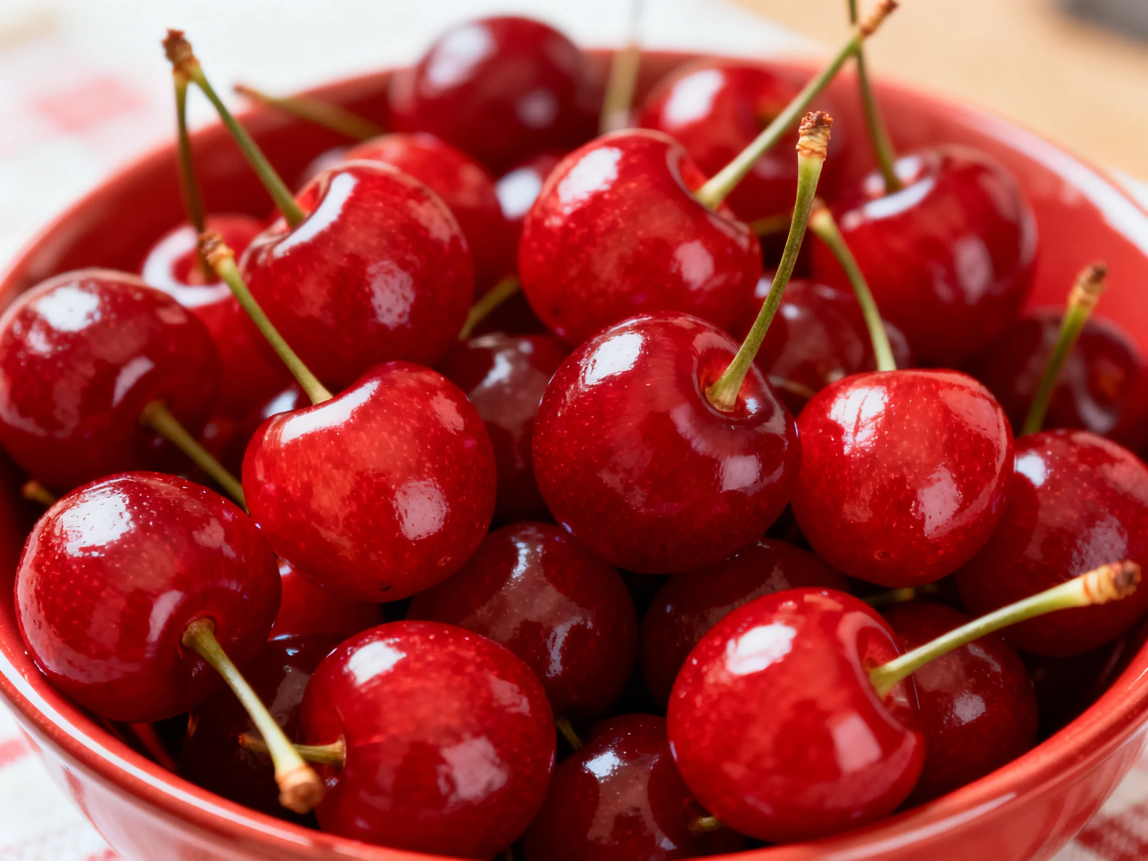 Abundant bright red cherries in a glossy red bowl