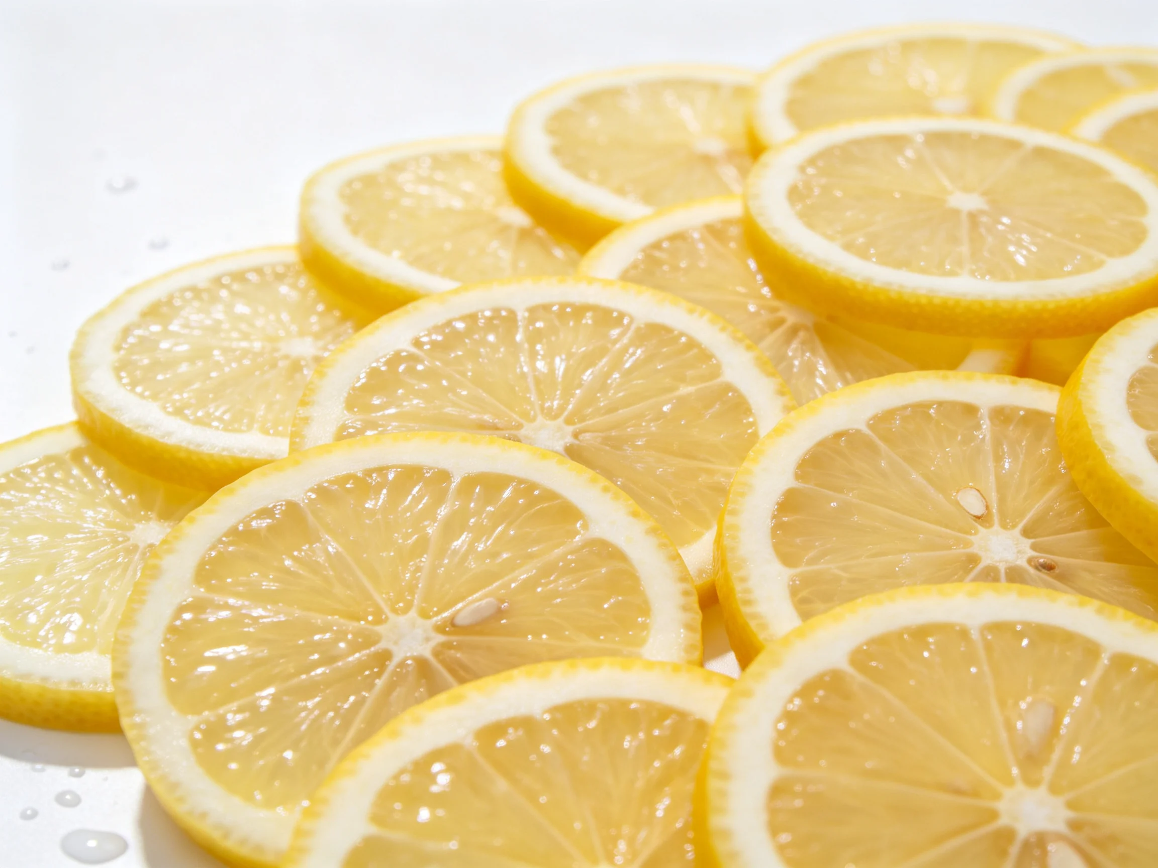 Abundant bright yellow lemon slices arranged in close overlap