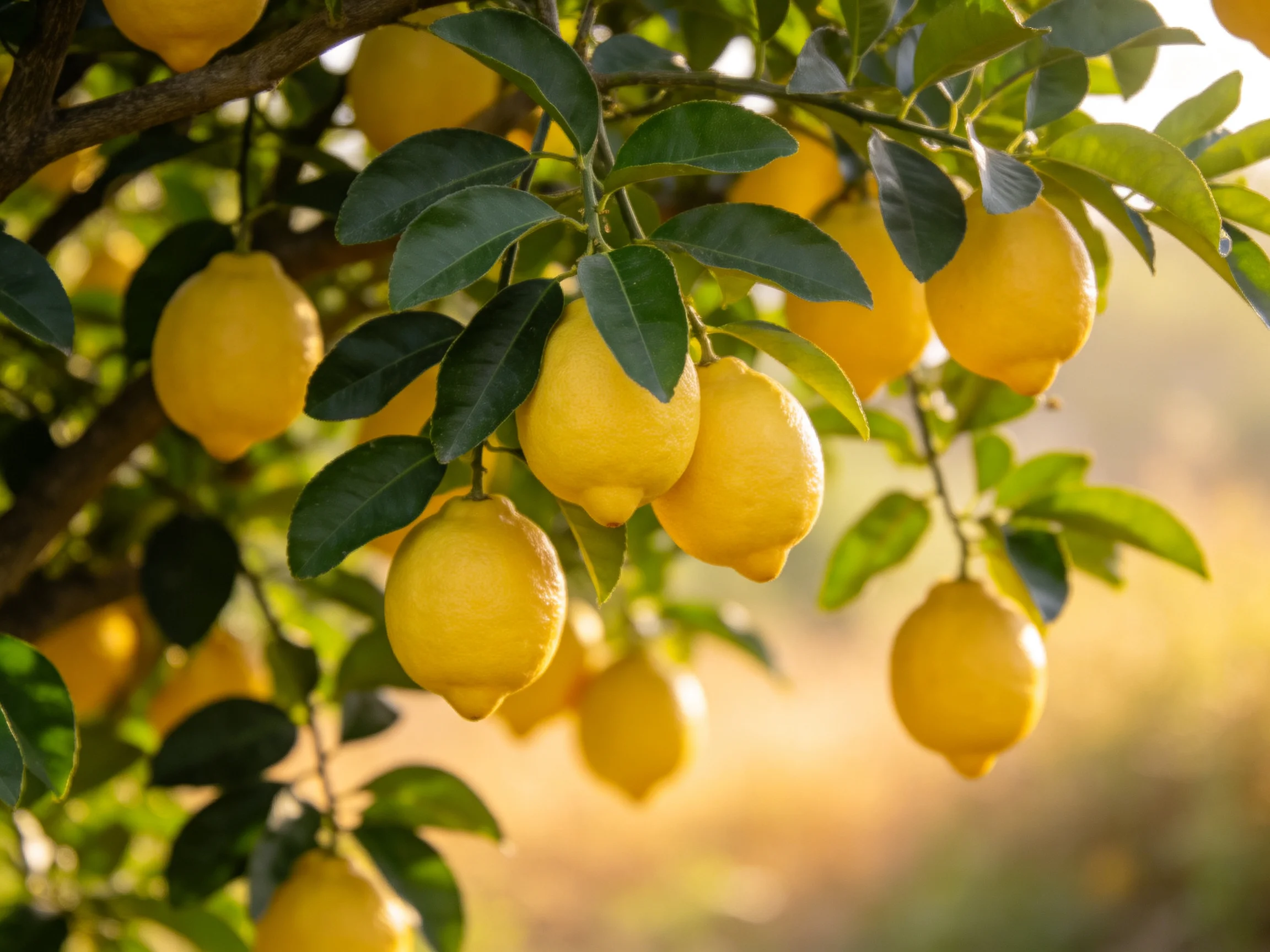 Abundant bright yellow lemons hang from a leafy lemon tree