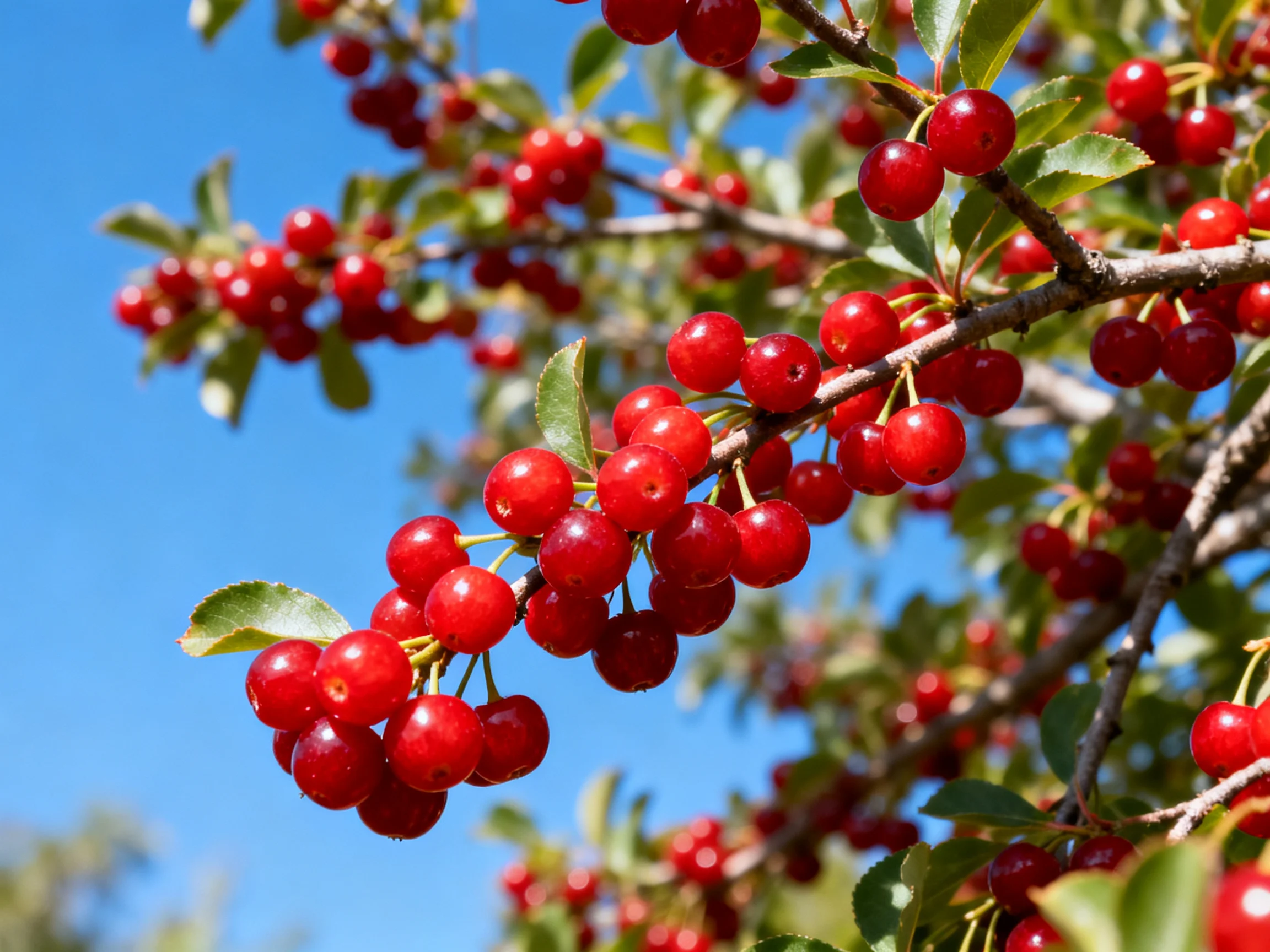 Abundant clusters of bright red cherries on tree branches under clear blue sky