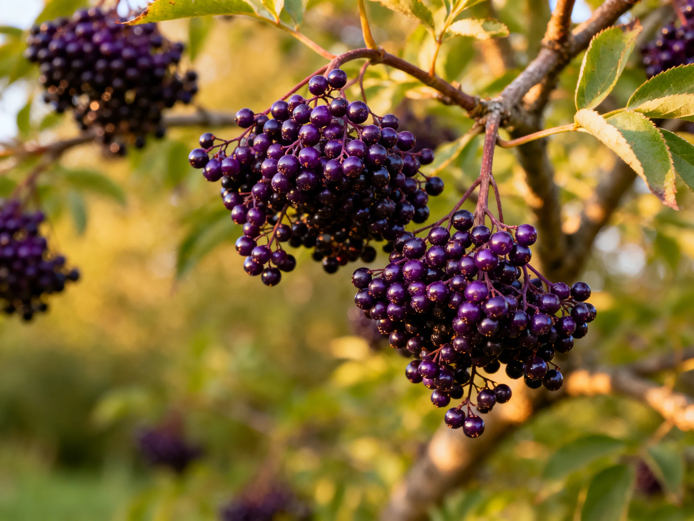 Abundant dark purple berry clusters cluster on tree branches