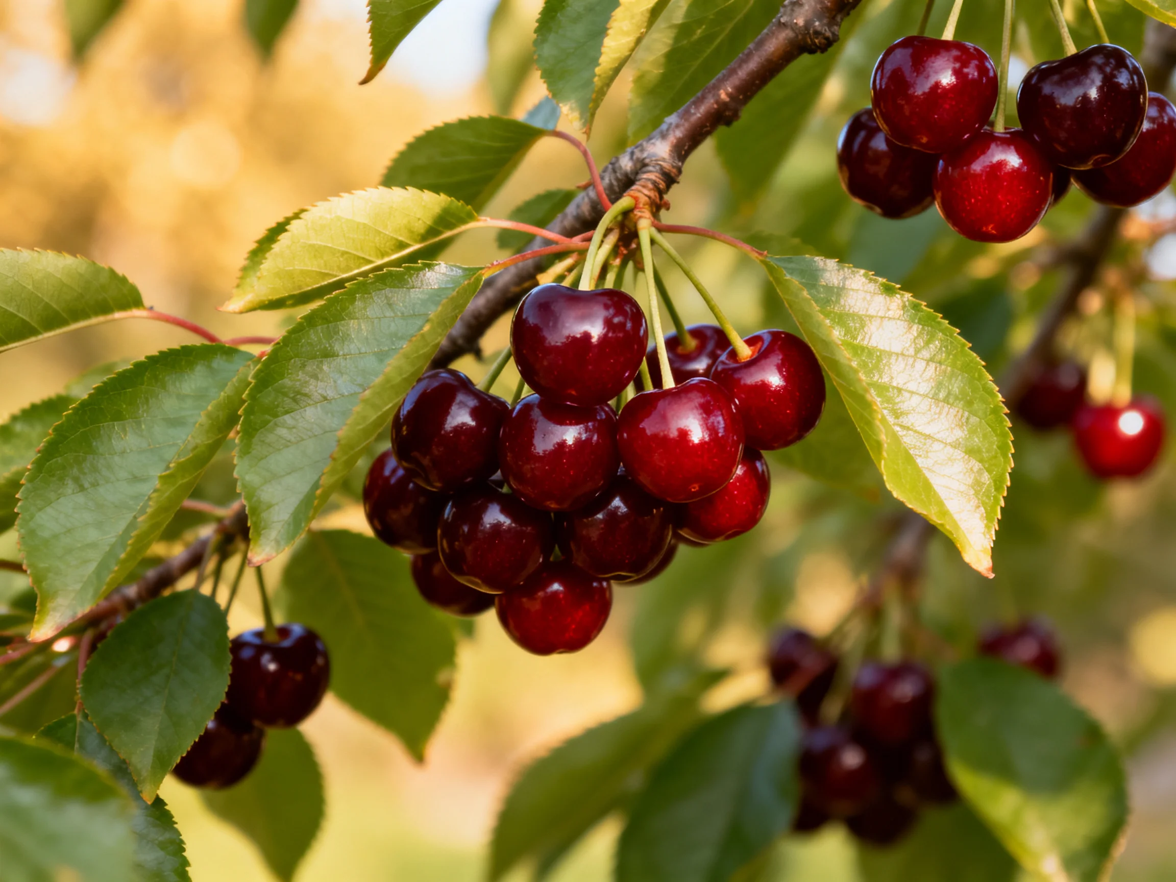 Abundant dark red cherries cluster on tree branches with green foliage