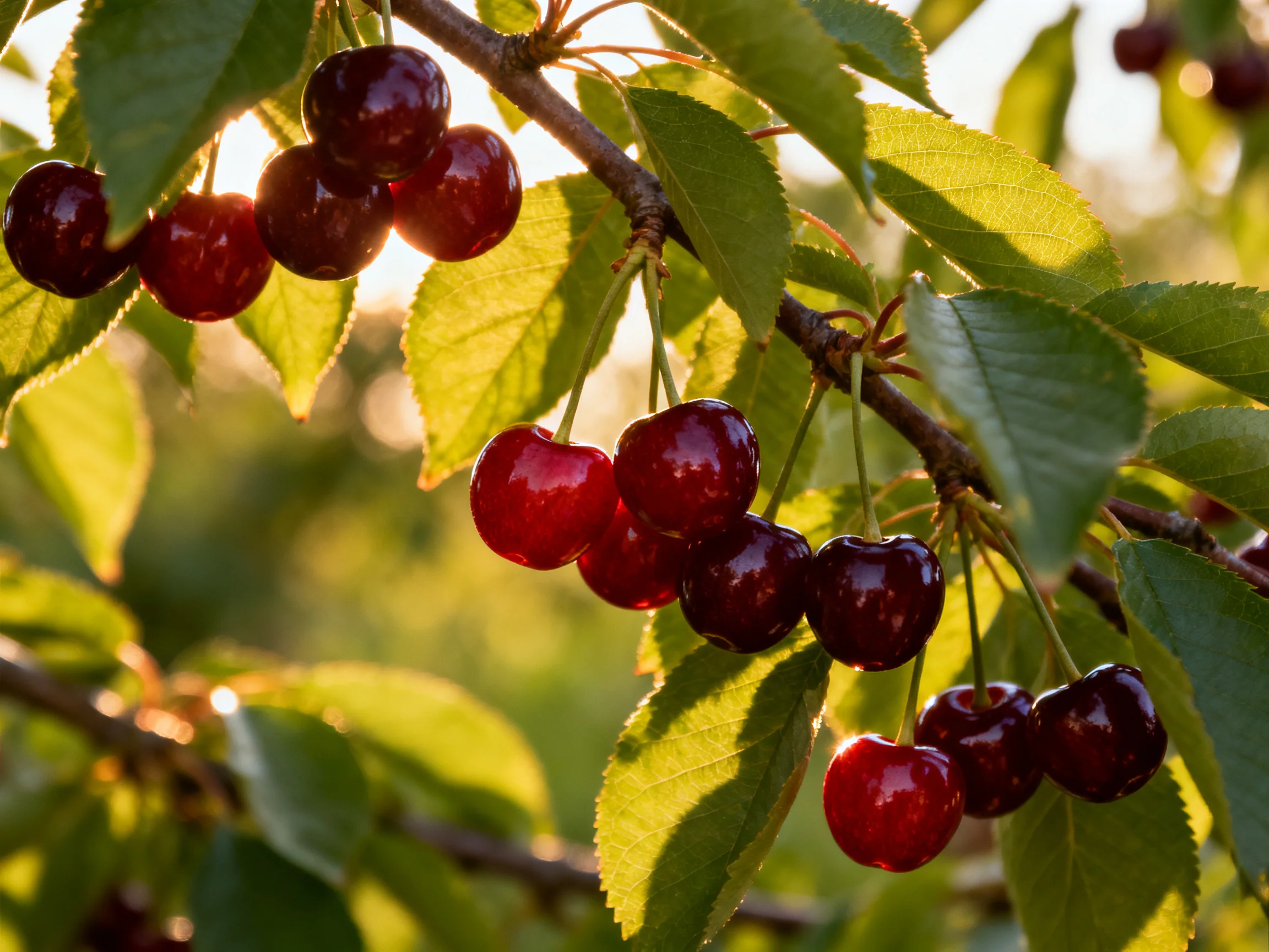 Abundant dark red cherries clustered on branches with green leaves