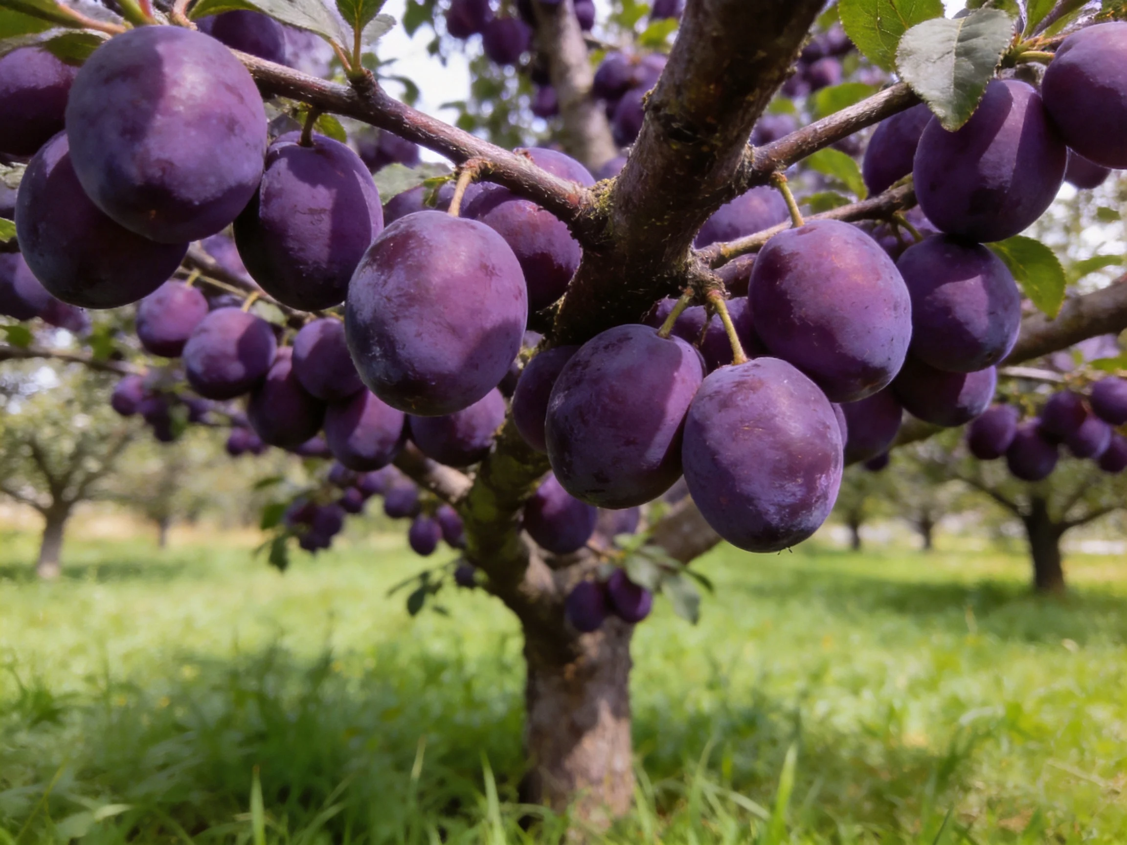 Abundant deep purple plums hang from a lush tree branch