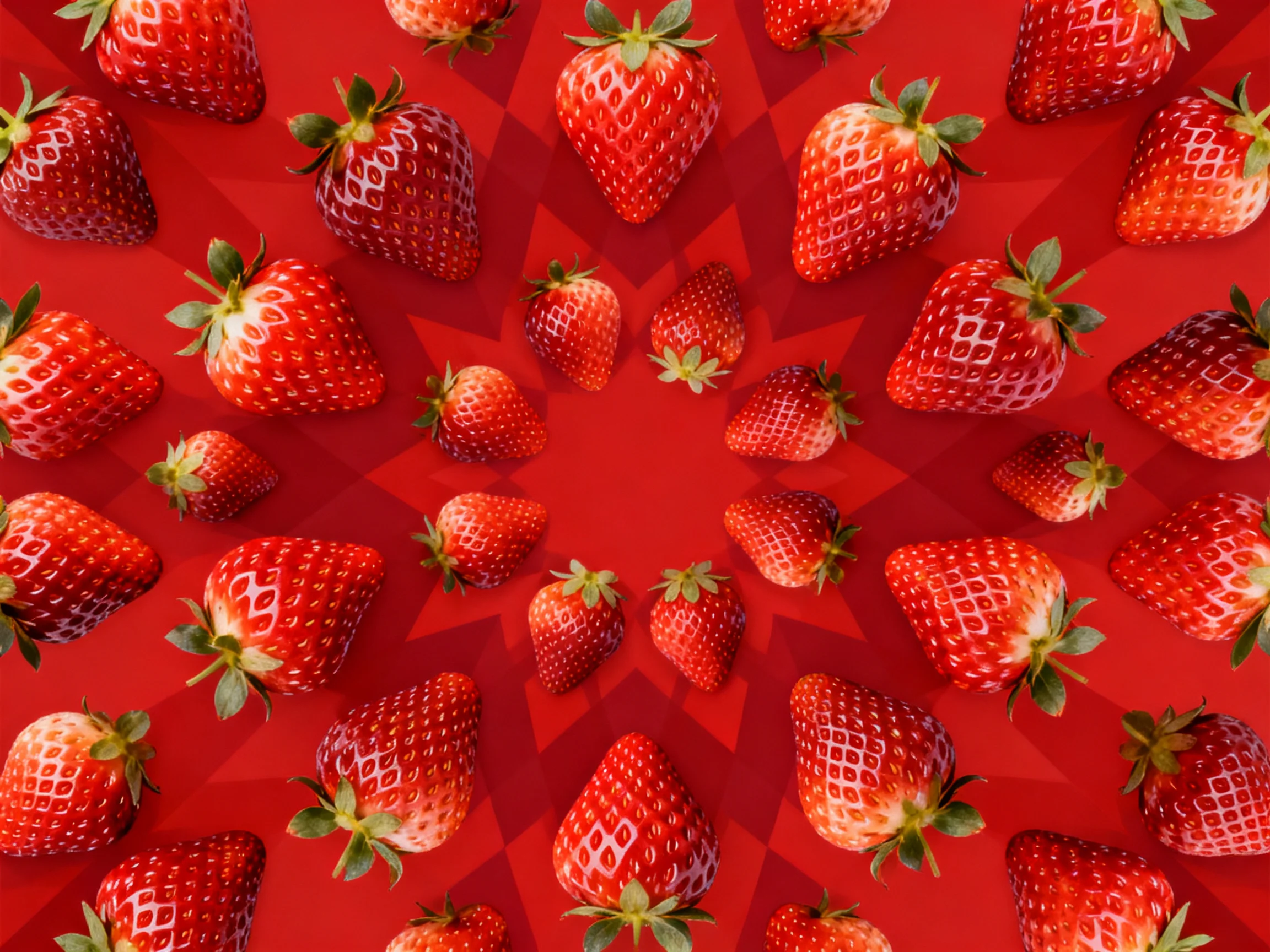 Abundant display of ripe strawberries on a red geometric-patterned surface