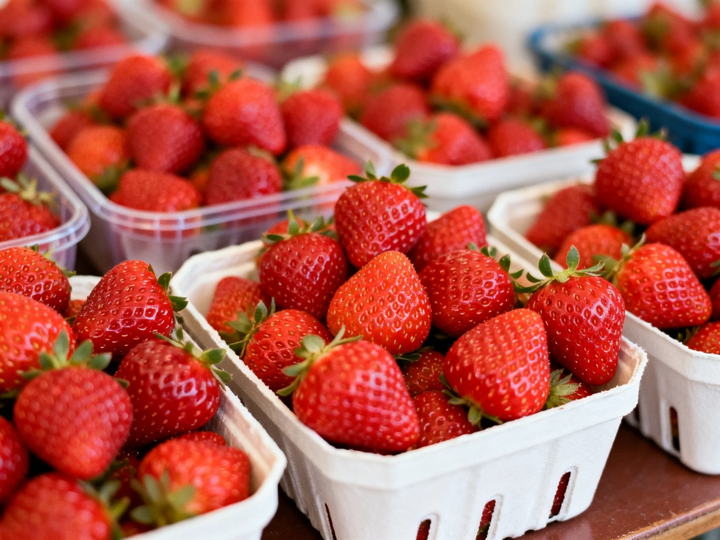 Abundant fresh red strawberries in white and clear plastic containers