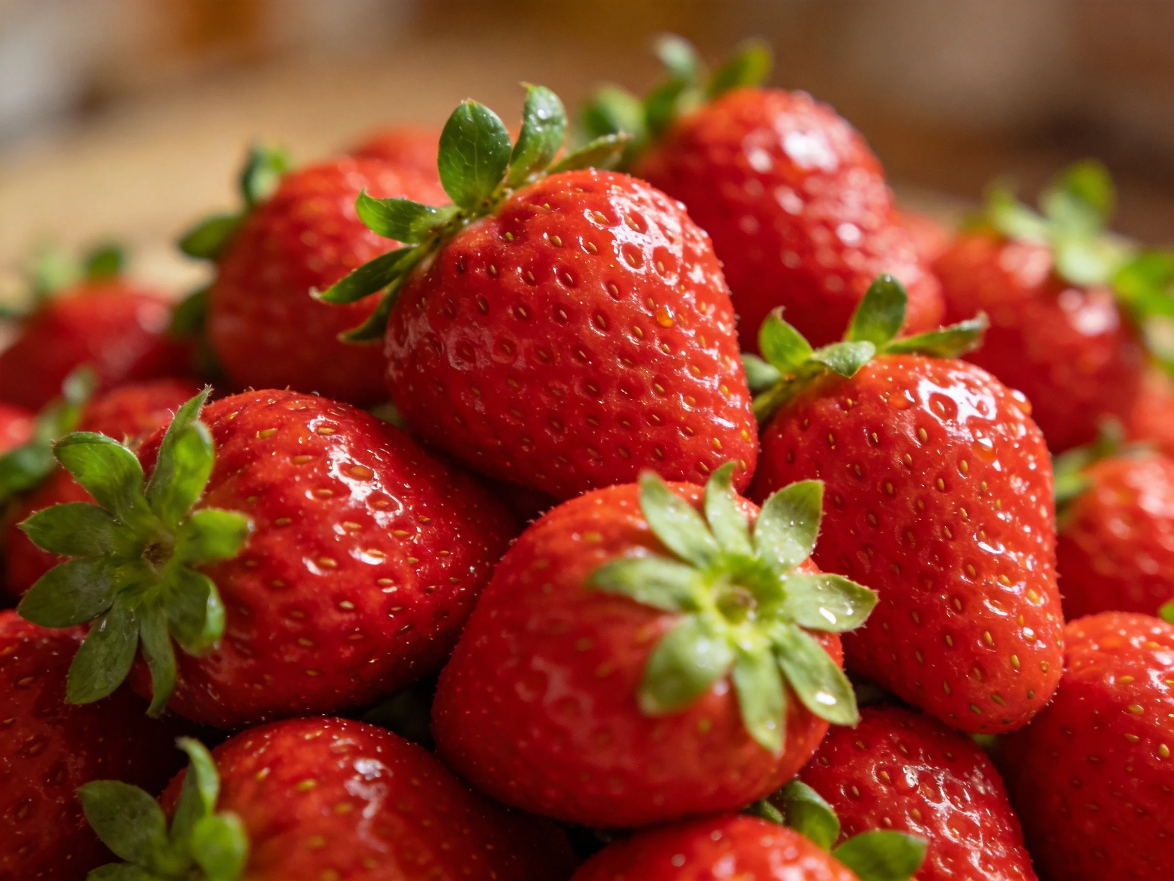Abundant fresh red strawberries piled with green stems