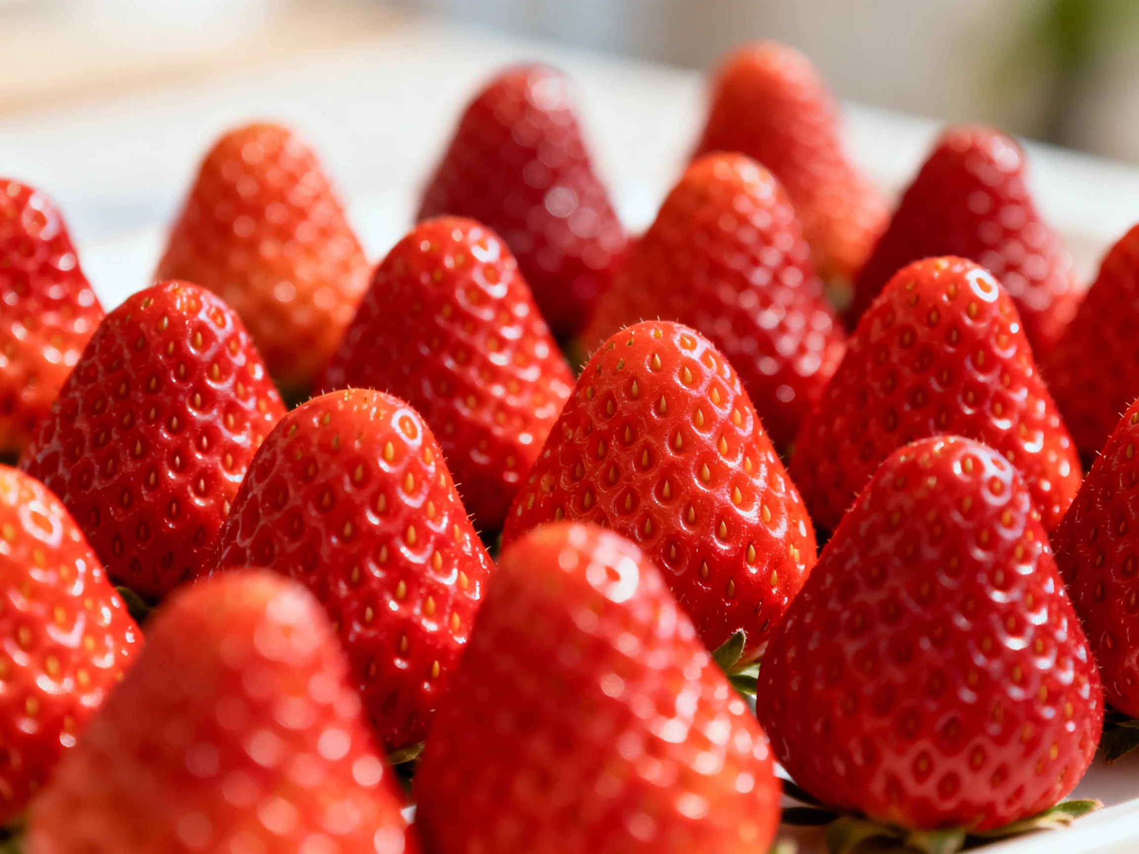 Abundant fresh vibrant red strawberries arranged closely together