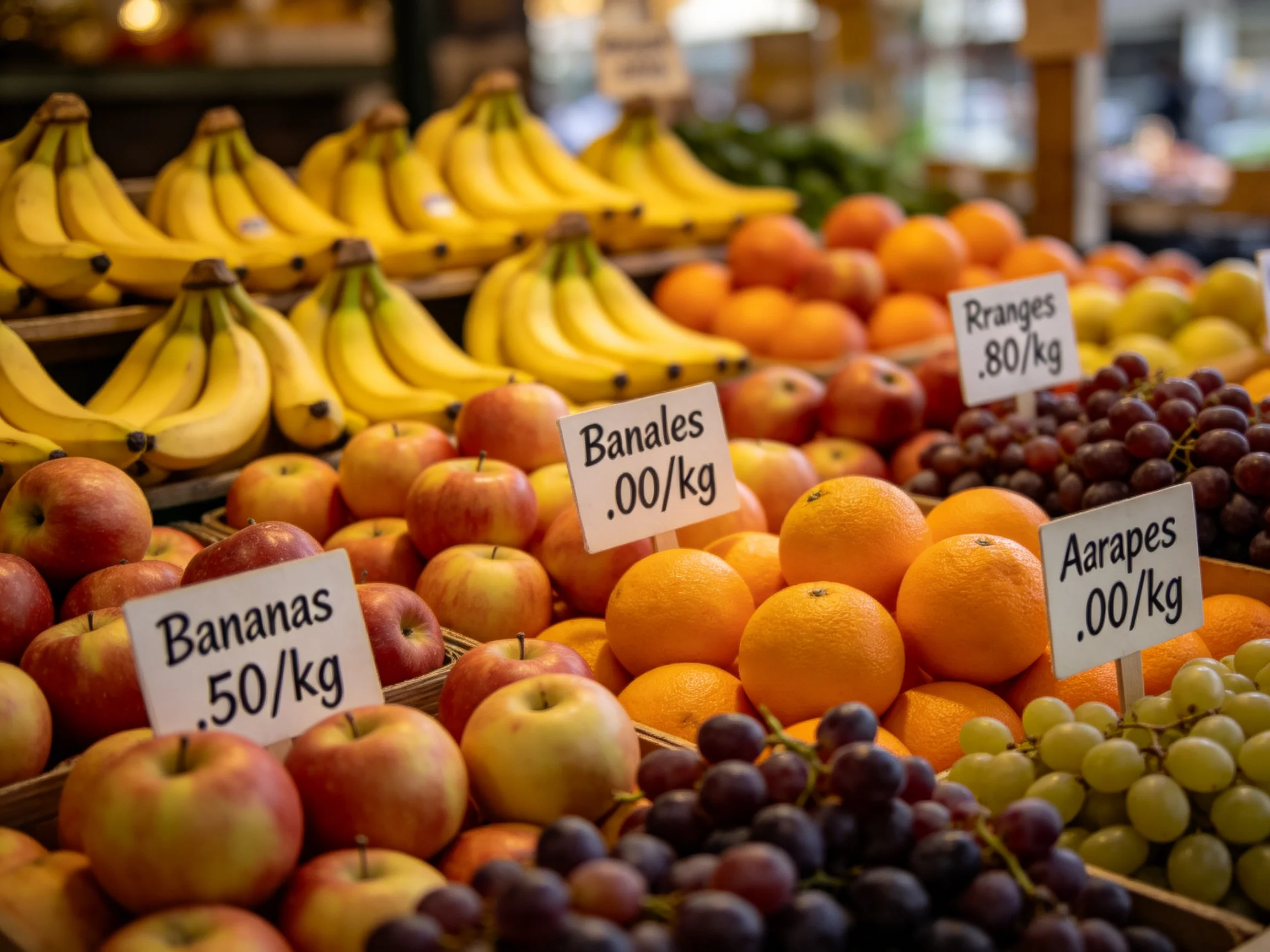 Abundant fruit stand with bananas, apples, oranges, and grapes