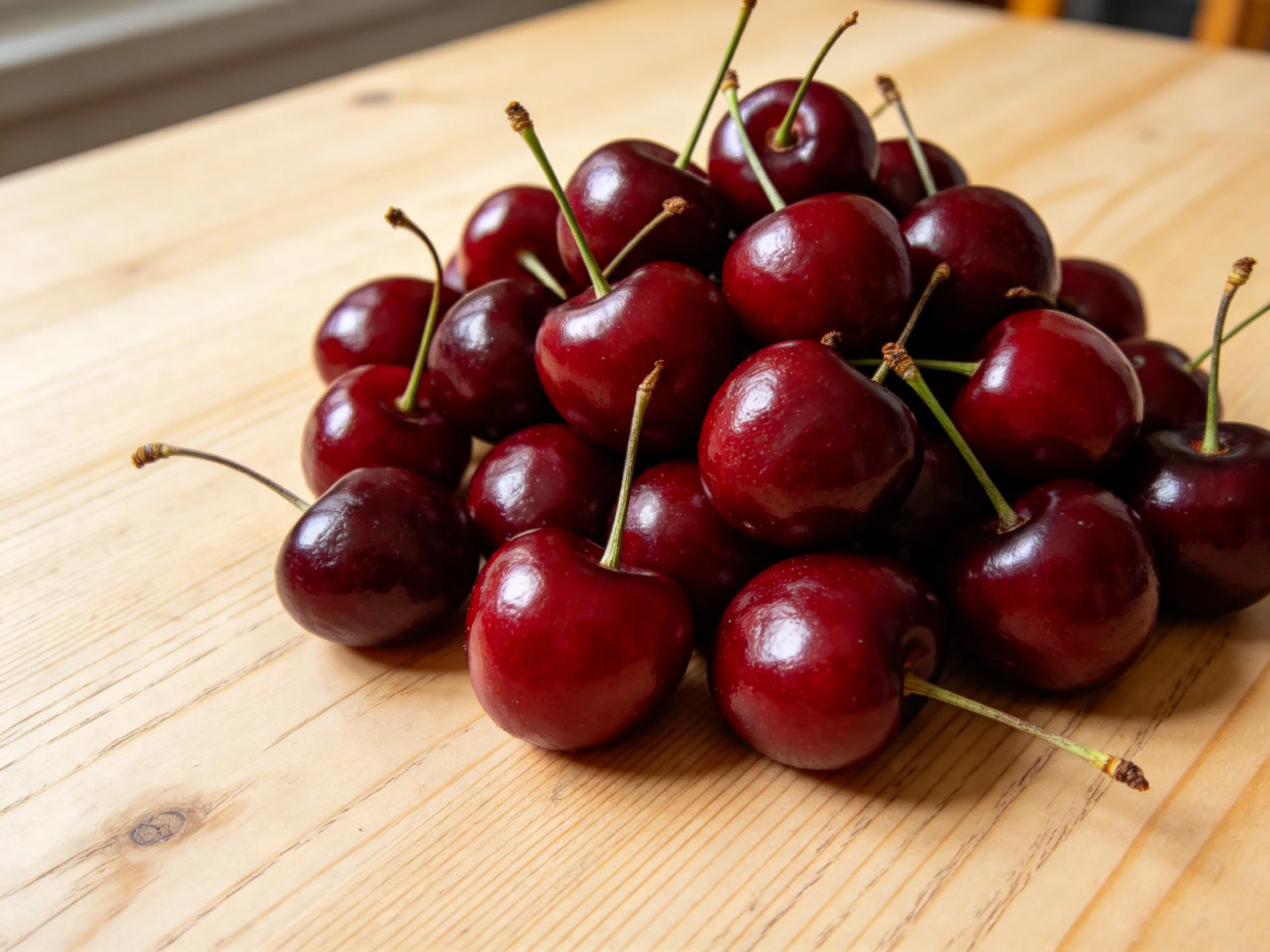 Abundant glossy dark red cherries clustered on a light wooden surface