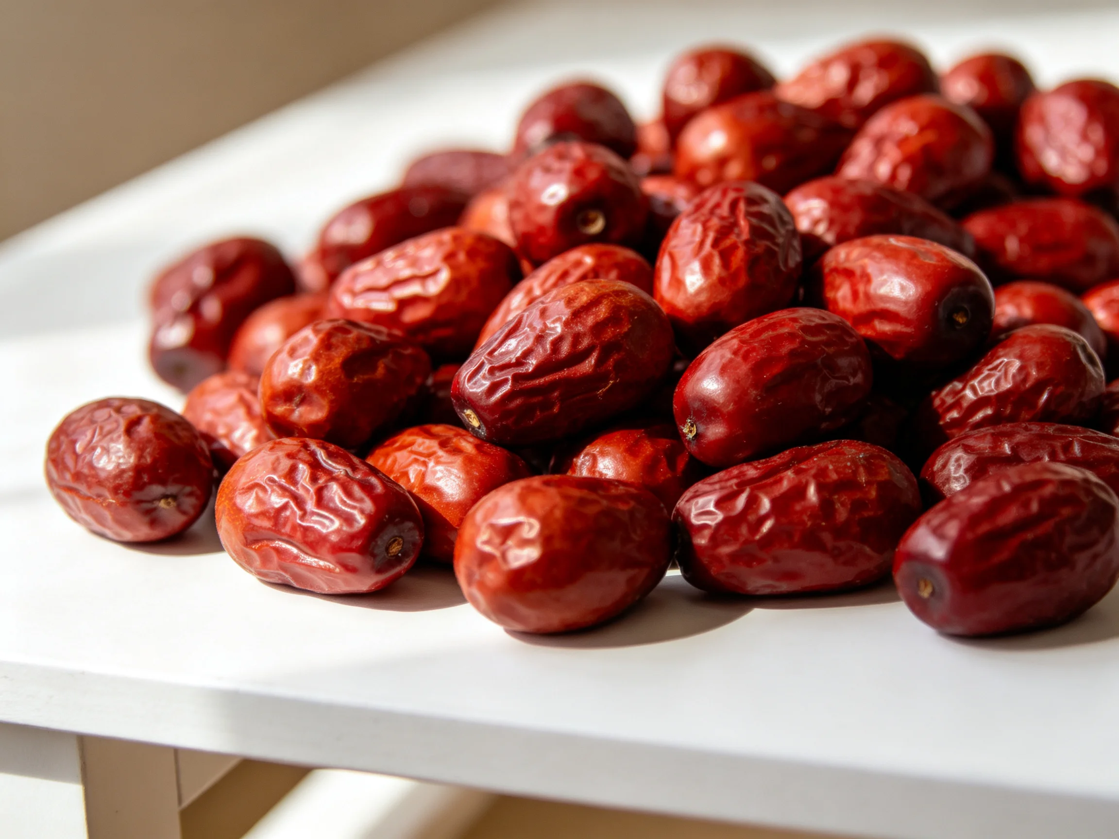 Abundant glossy red dried dates on a white plate