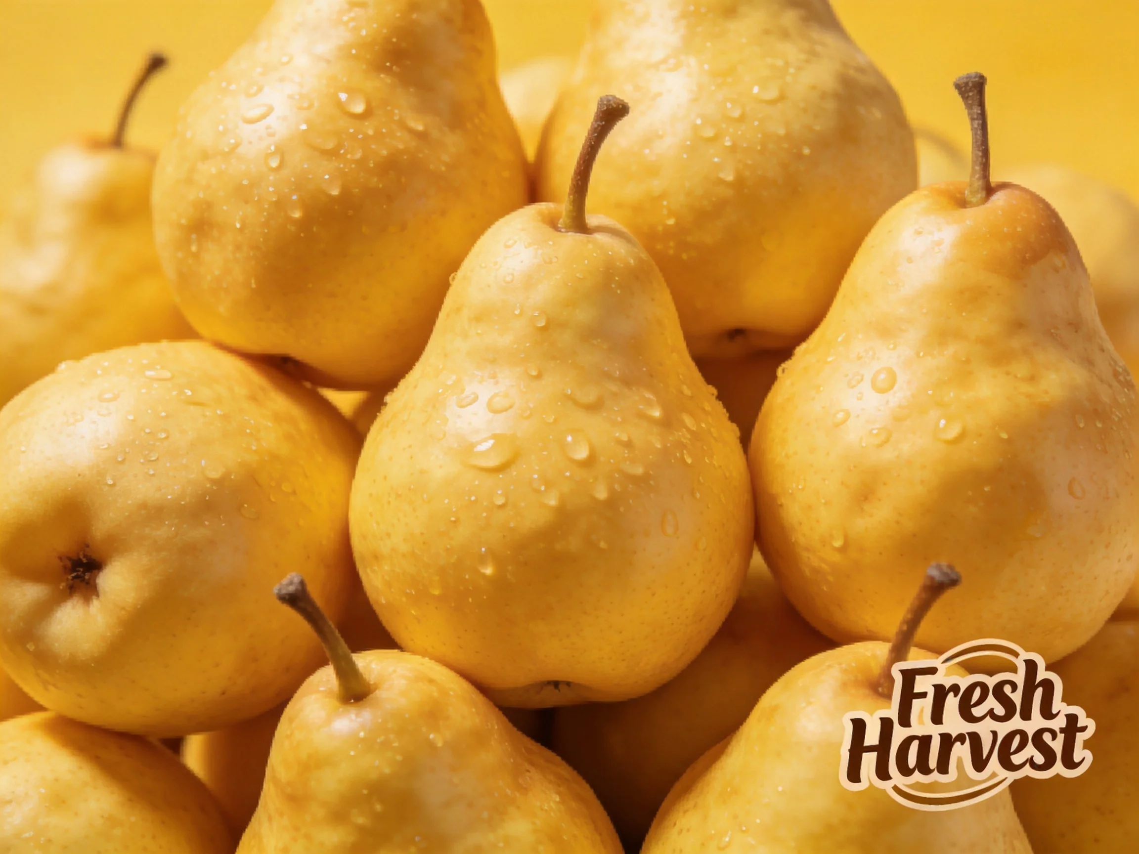 Abundant golden pears stacked with water droplets