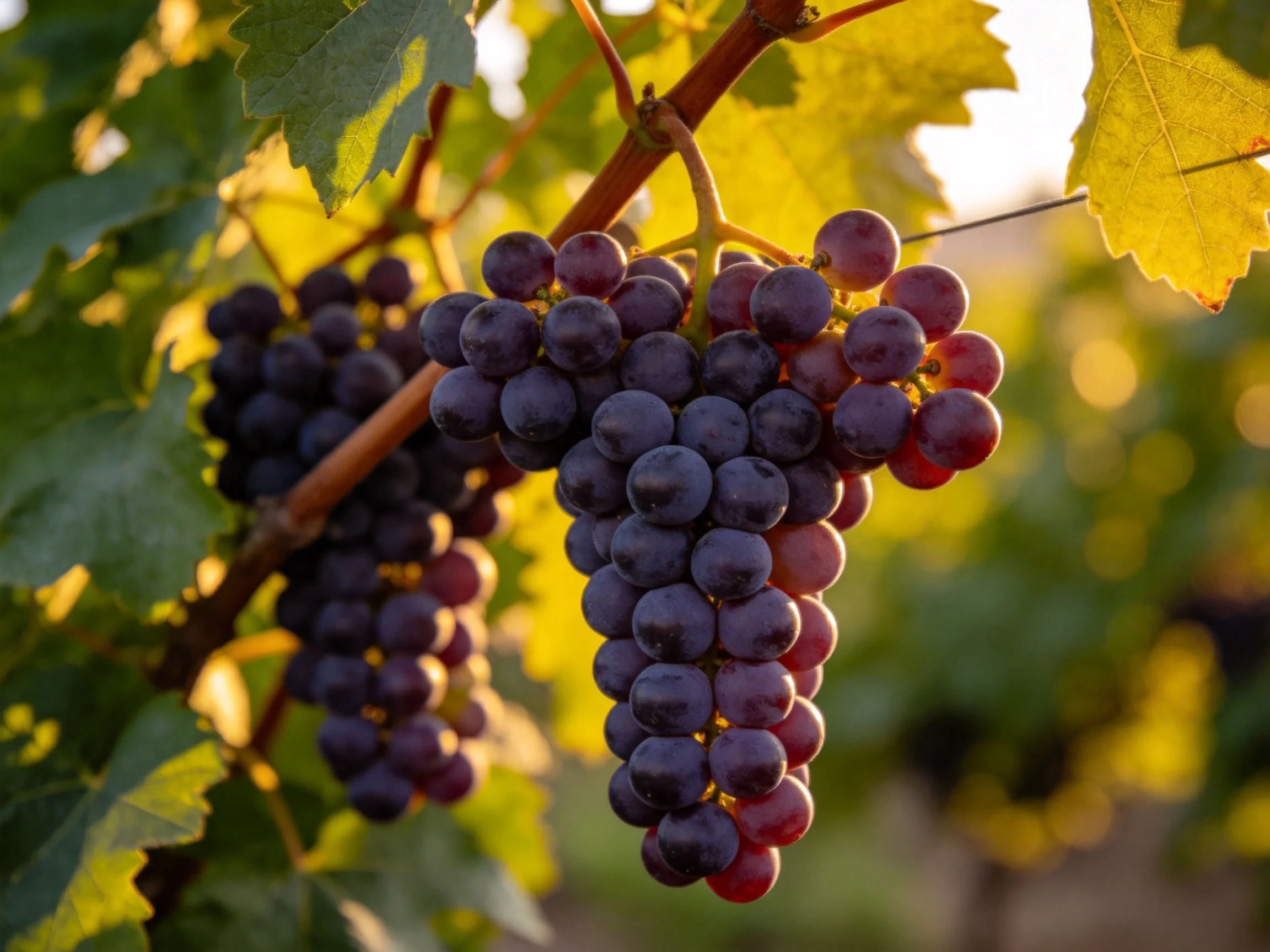 Abundant grape clusters in deep purple and crimson hues on vine branches