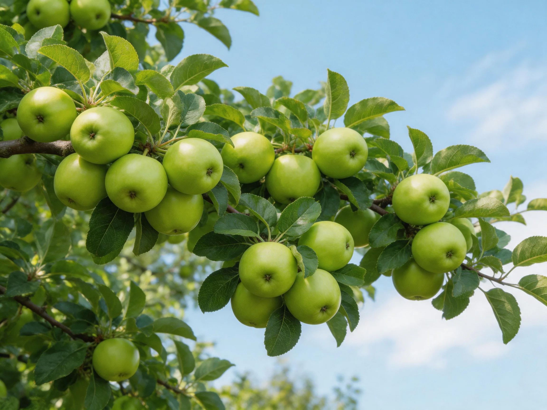 Abundant green apples cluster on a tree branch under a clear blue sky