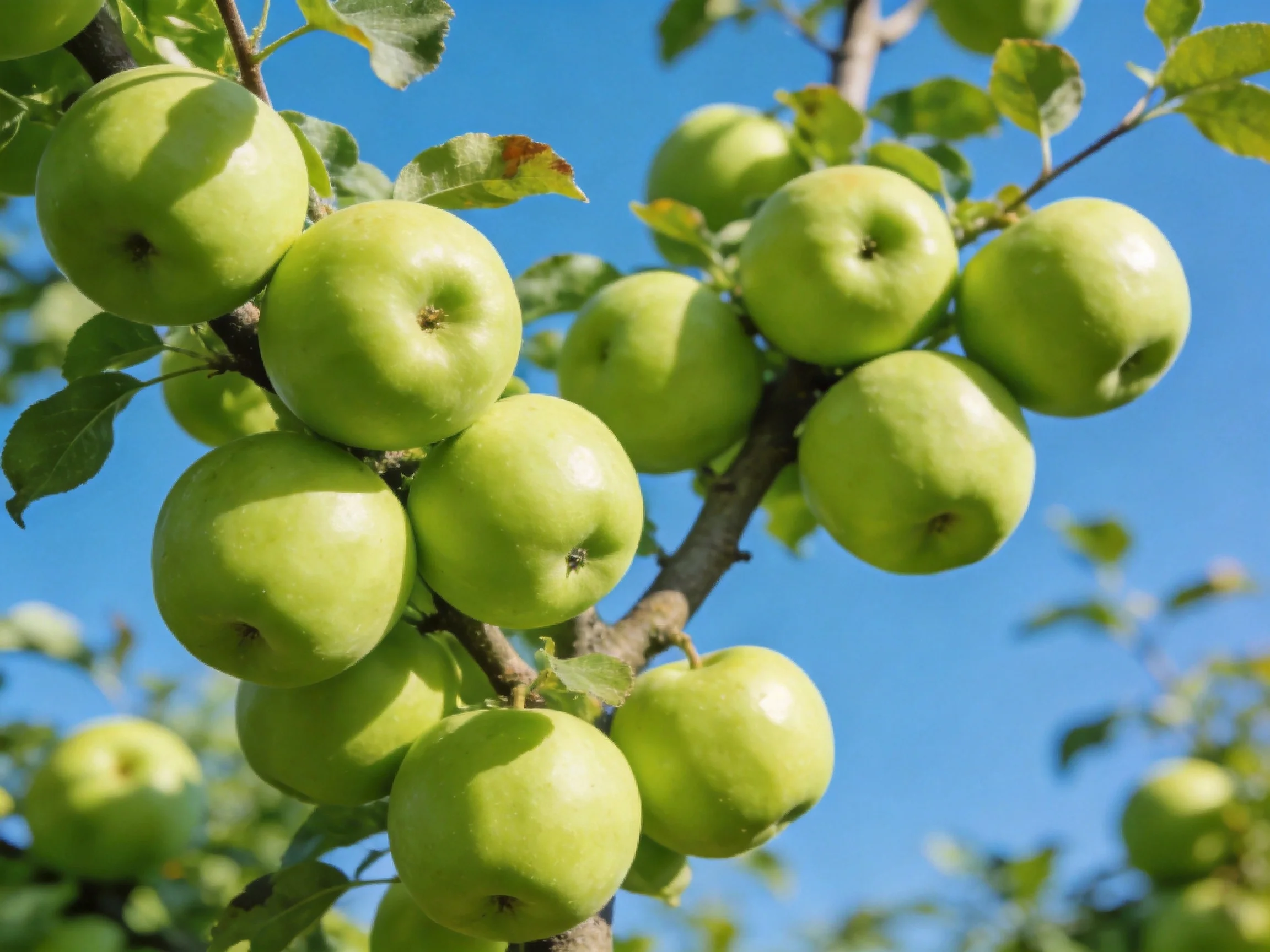 Abundant green apples cluster on a tree branch under clear blue sky